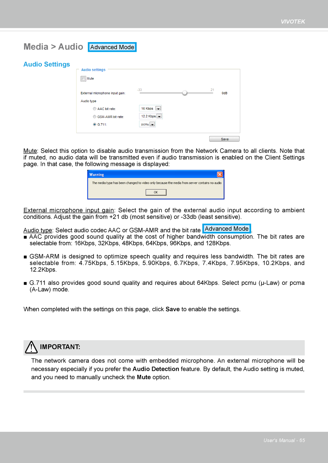 Vivotek 63E-M, SD8363E user manual Media Audio, Audio Settings 