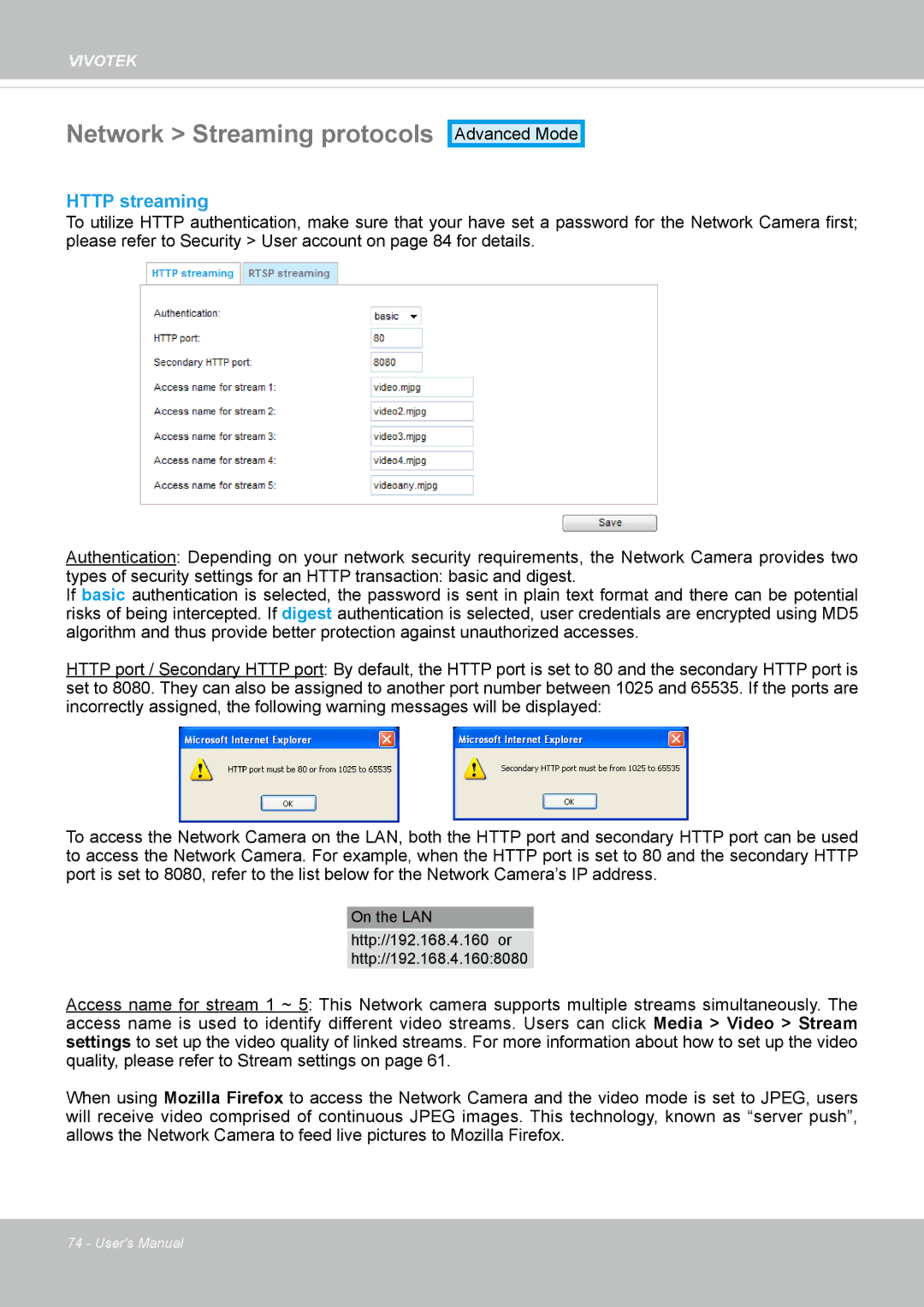 Vivotek SD8363E, 63E-M user manual Network Streaming protocols, Http streaming 