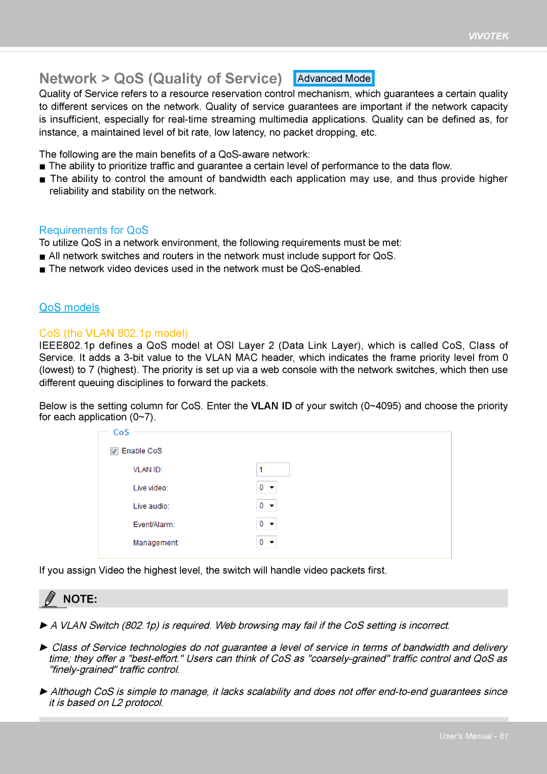 Vivotek 63E-M, SD8363E user manual Network QoS Quality of Service, Requirements for QoS 