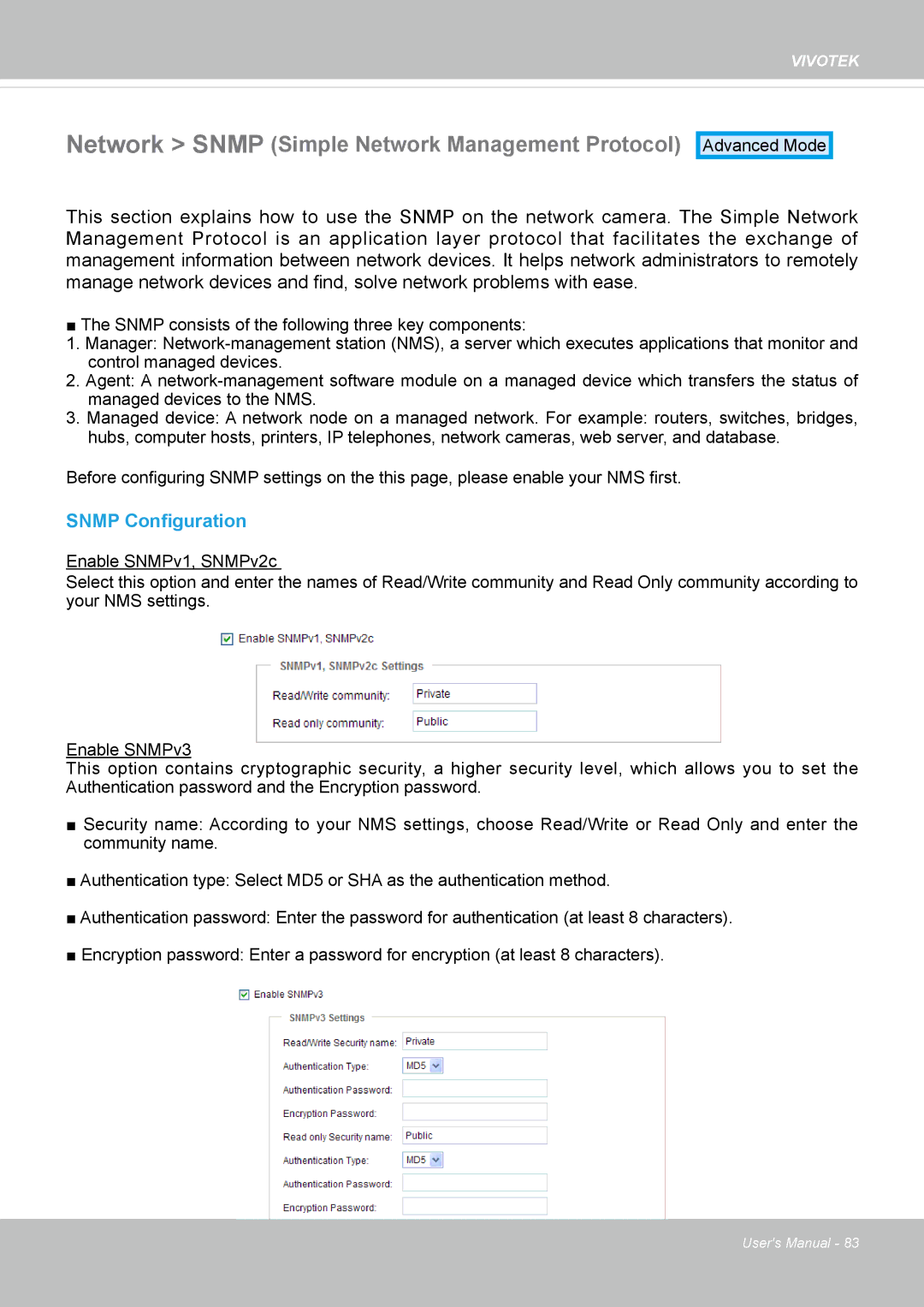 Vivotek 63E-M, SD8363E user manual Network Snmp Simple Network Management Protocol, Snmp Configuration 