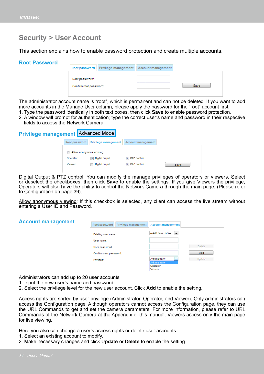 Vivotek SD8363E, 63E-M user manual Security User Account, Root Password, Privilege management, Account management 