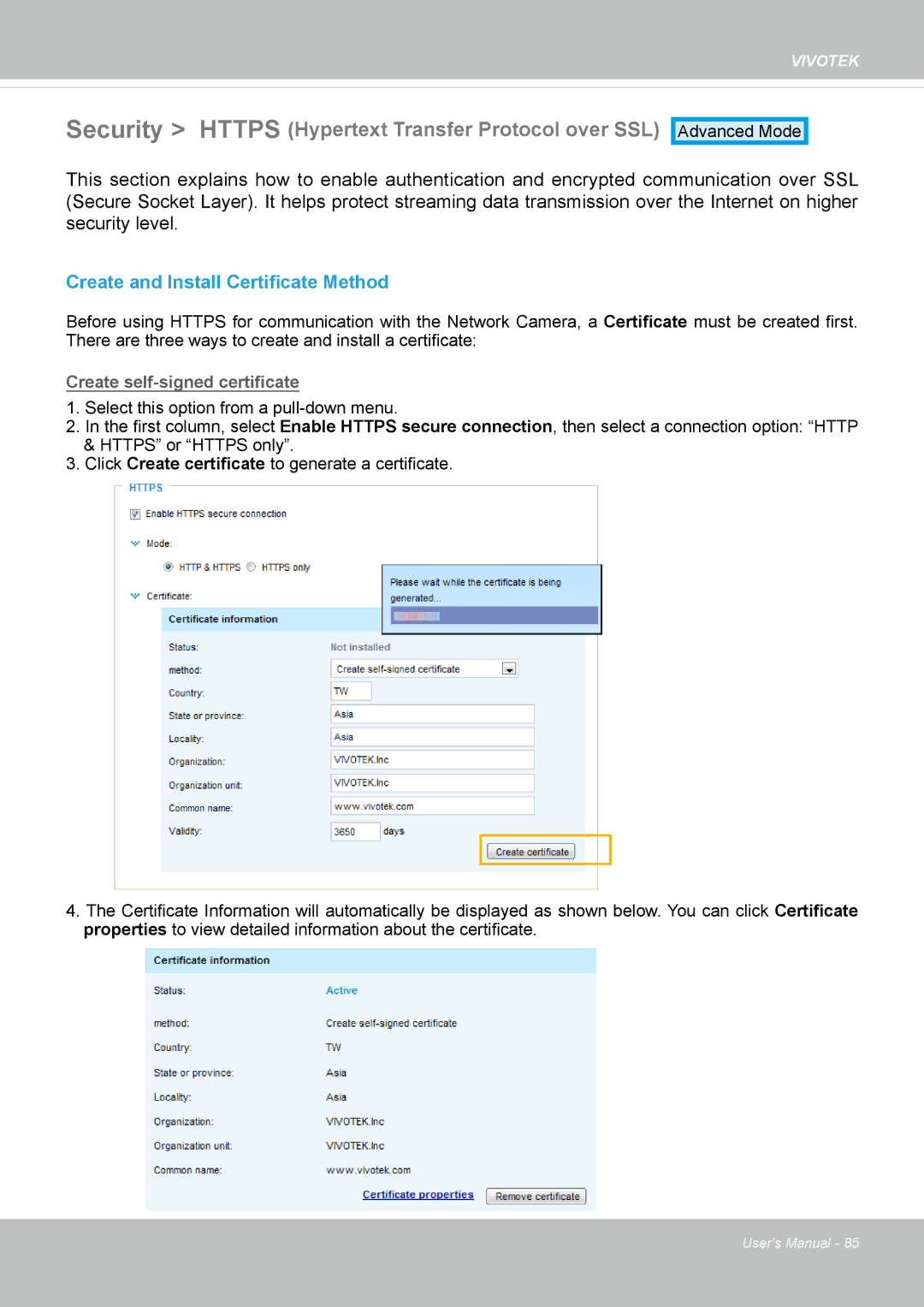 Vivotek 63E-M, SD8363E Security Https Hypertext Transfer Protocol over SSL, Create and Install Certificate Method 