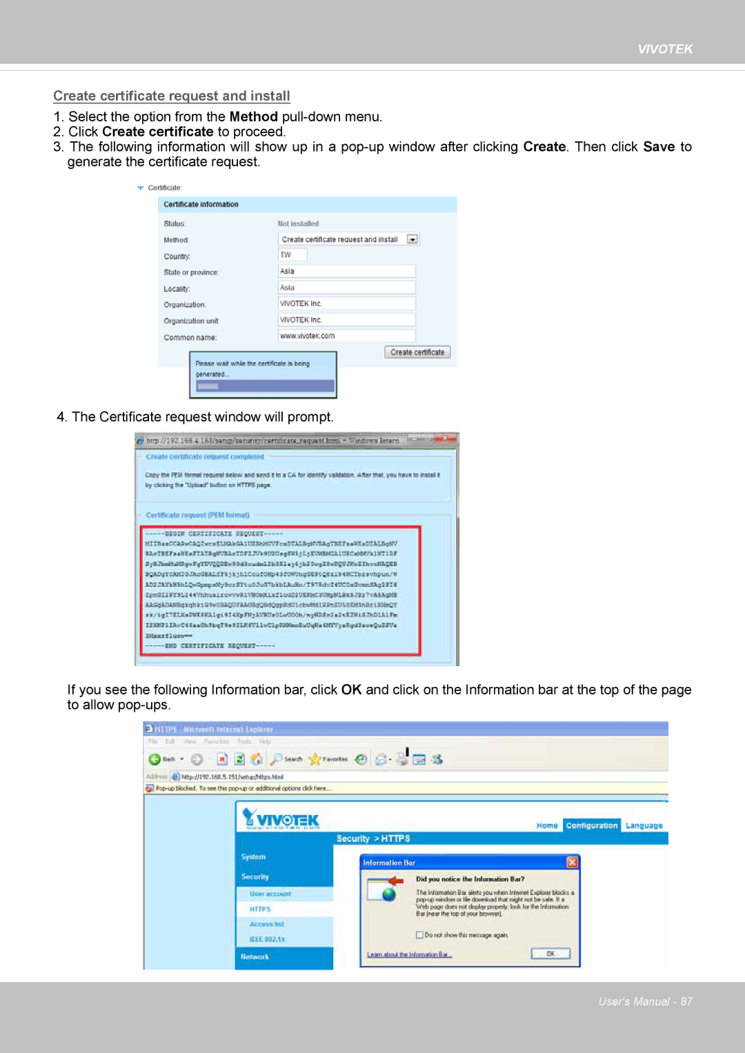 Vivotek 63E-M, SD8363E user manual Create certificate request and install 