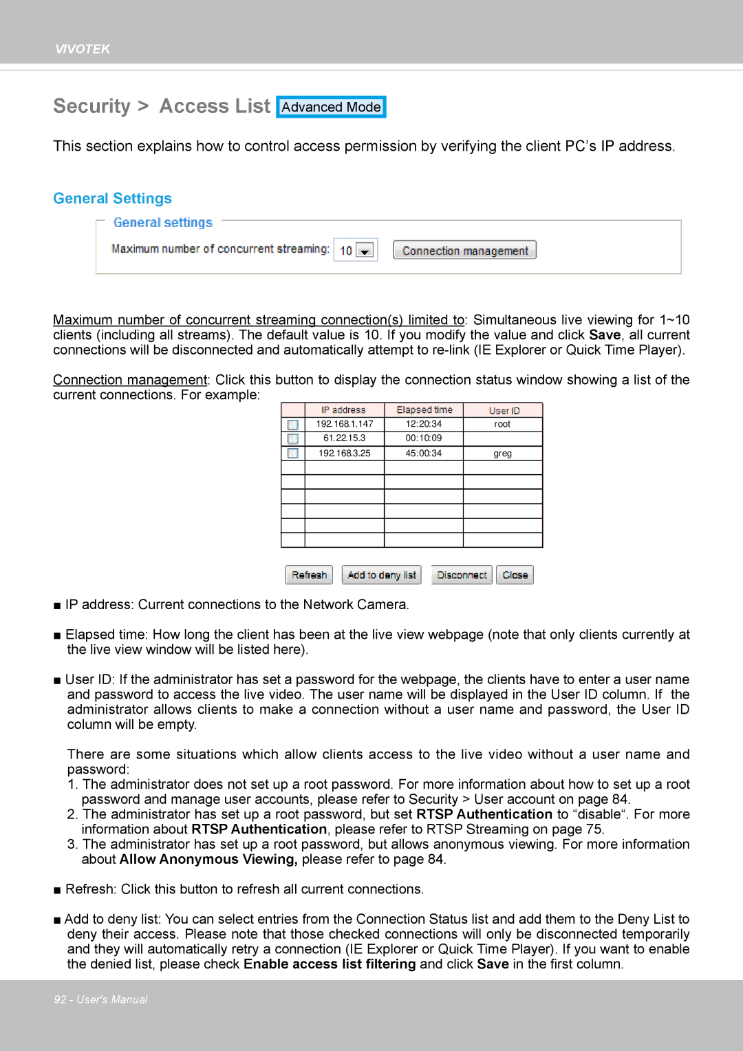 Vivotek SD8363E, 63E-M user manual Security Access List, General Settings 