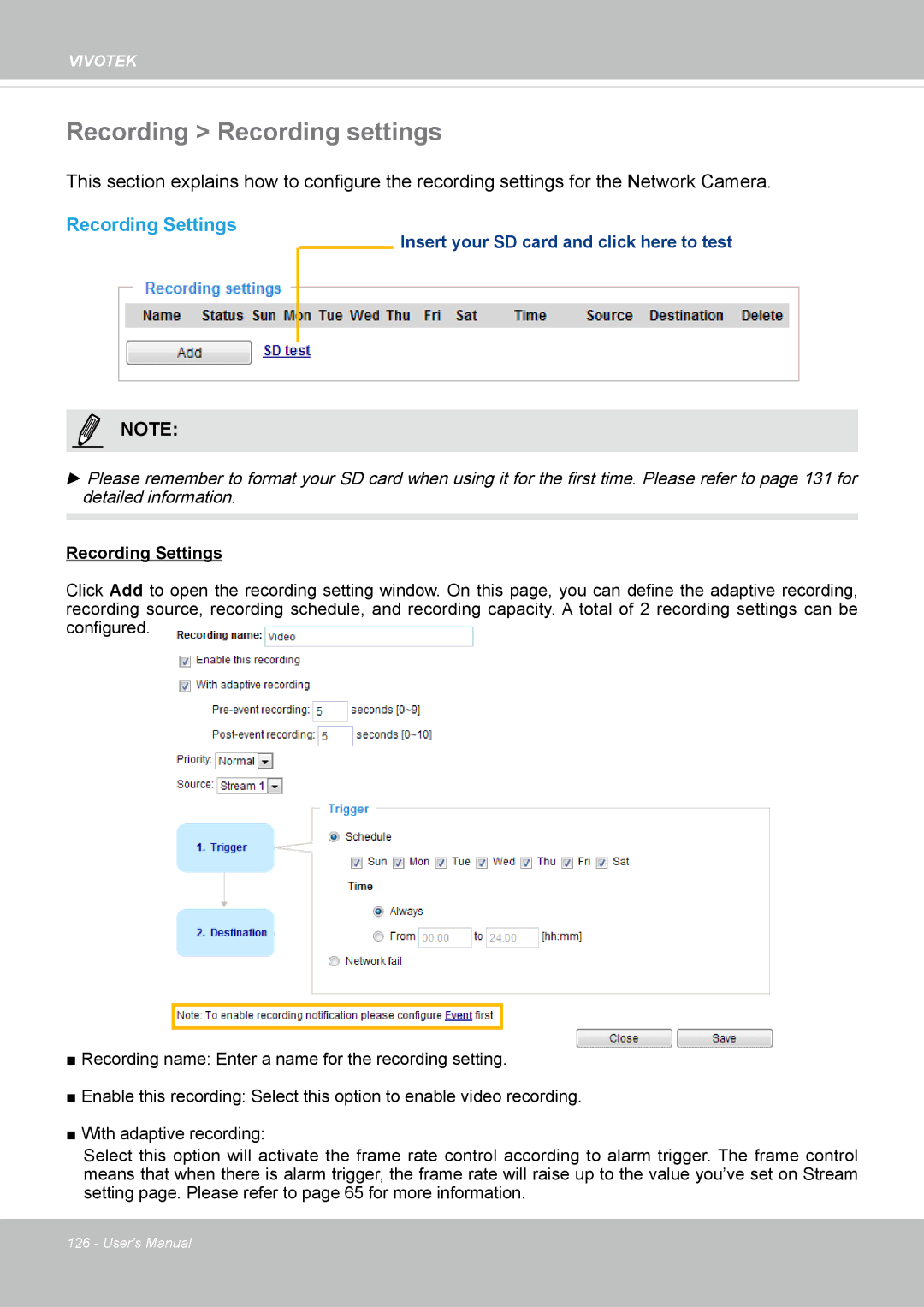 Vivotek SD8364E, M user manual Recording Recording settings, Recording Settings 