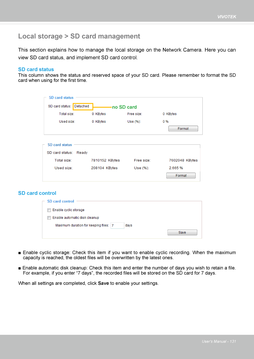 Vivotek M, SD8364E user manual Local storage SD card management, SD card status, SD card control 