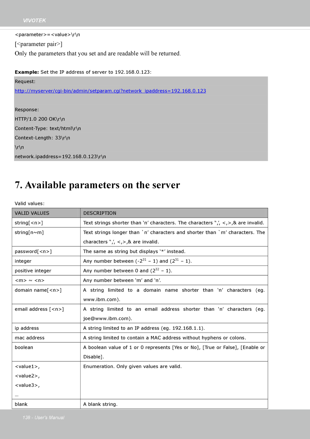 Vivotek SD8364E, M user manual Available parameters on the server, Valid Values Description 