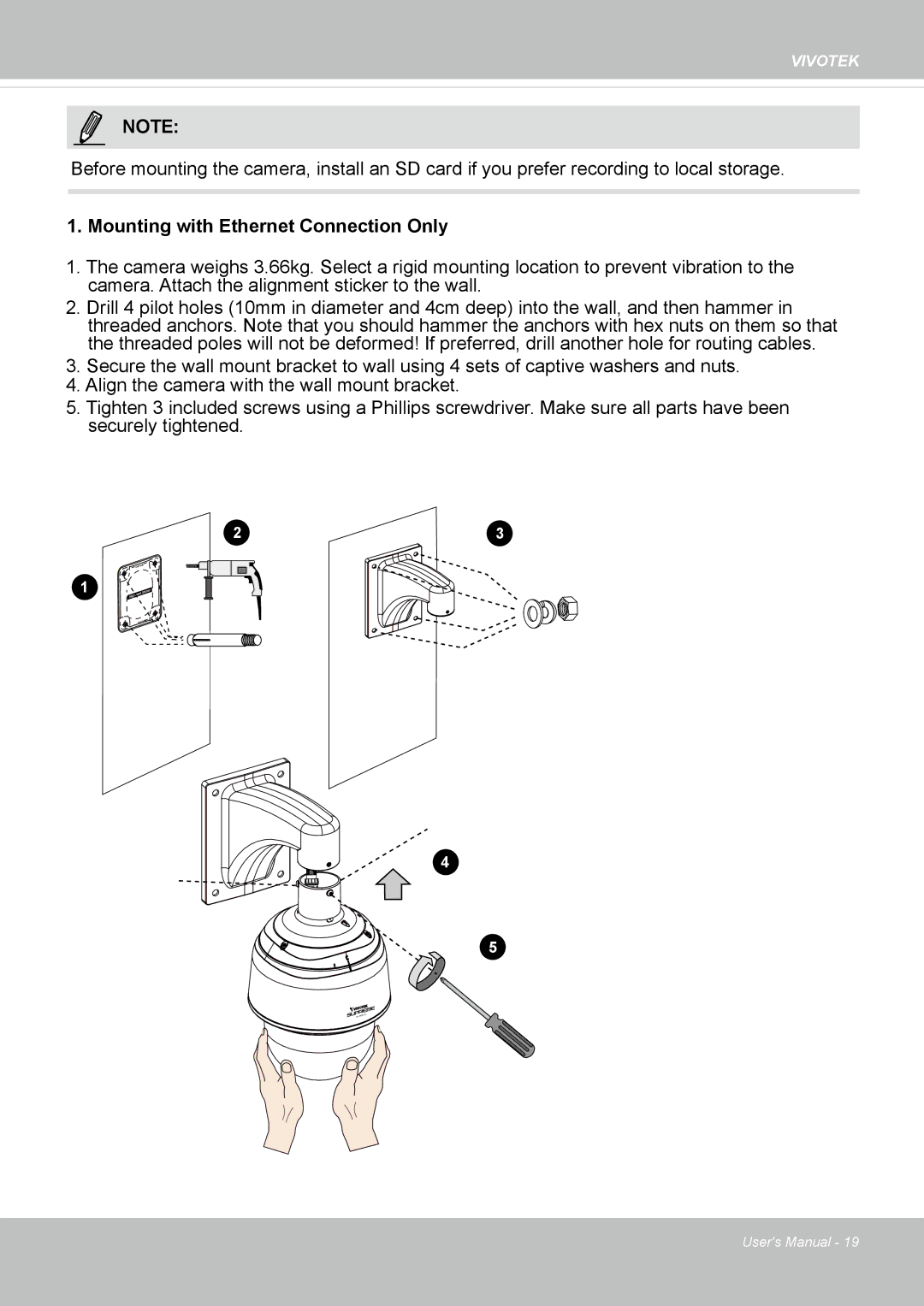 Vivotek SD8364E user manual Mounting with Ethernet Connection Only 