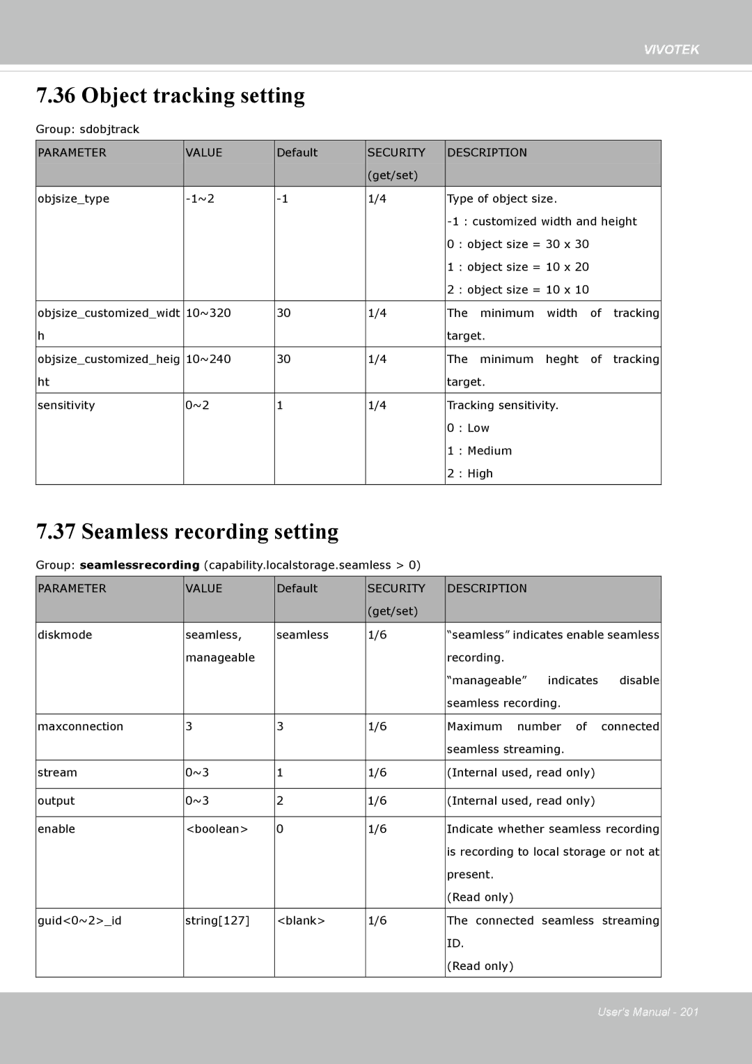 Vivotek M, SD8364E user manual Object tracking setting, Seamless recording setting 