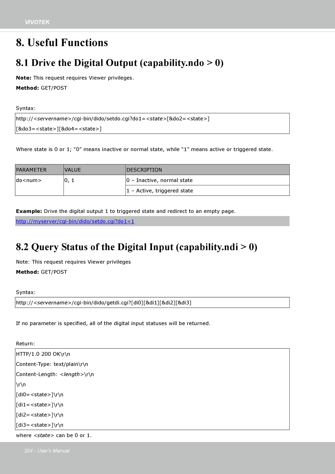 Vivotek SD8364E, M user manual Drive the Digital Output capability.ndo, Query Status of the Digital Input capability.ndi 