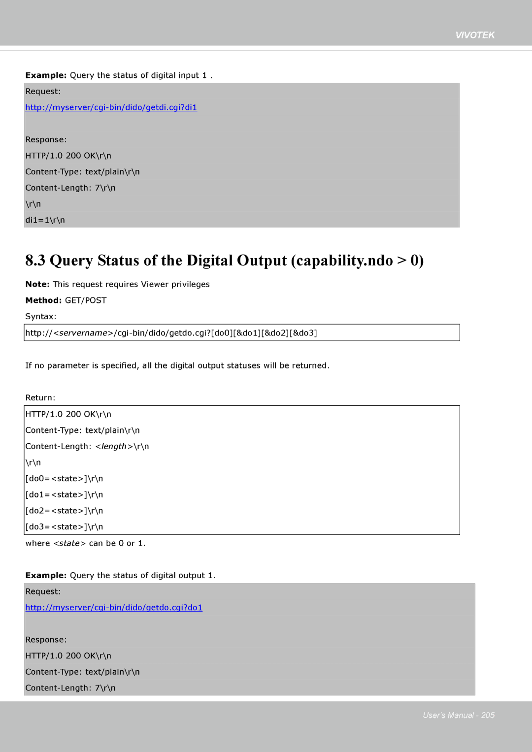 Vivotek M, SD8364E user manual Query Status of the Digital Output capability.ndo, Http//myserver/cgi-bin/dido/getdi.cgi?di1 