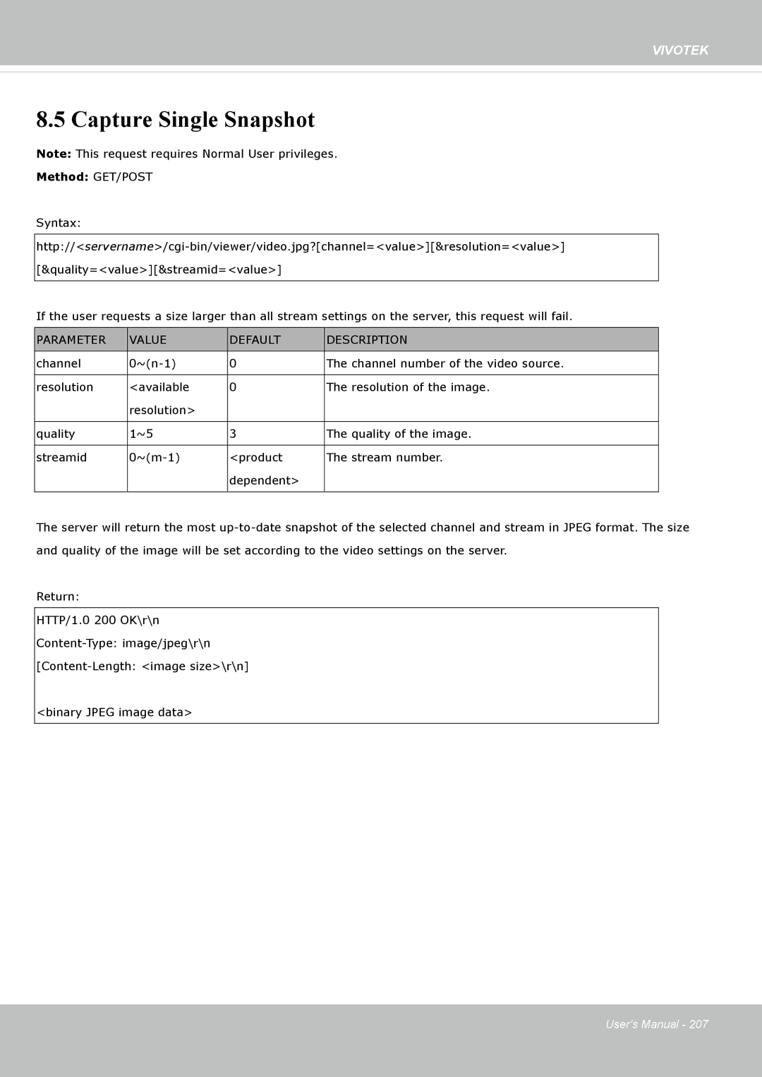 Vivotek M, SD8364E user manual Capture Single Snapshot, Parameter Value Default Description 