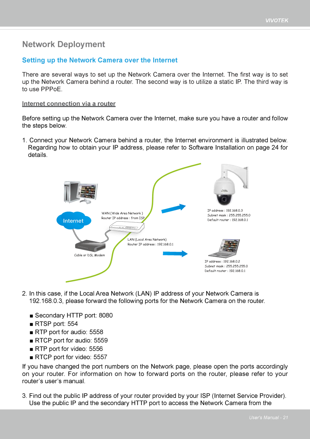 Vivotek M, SD8364E user manual Network Deployment, Setting up the Network Camera over the Internet 