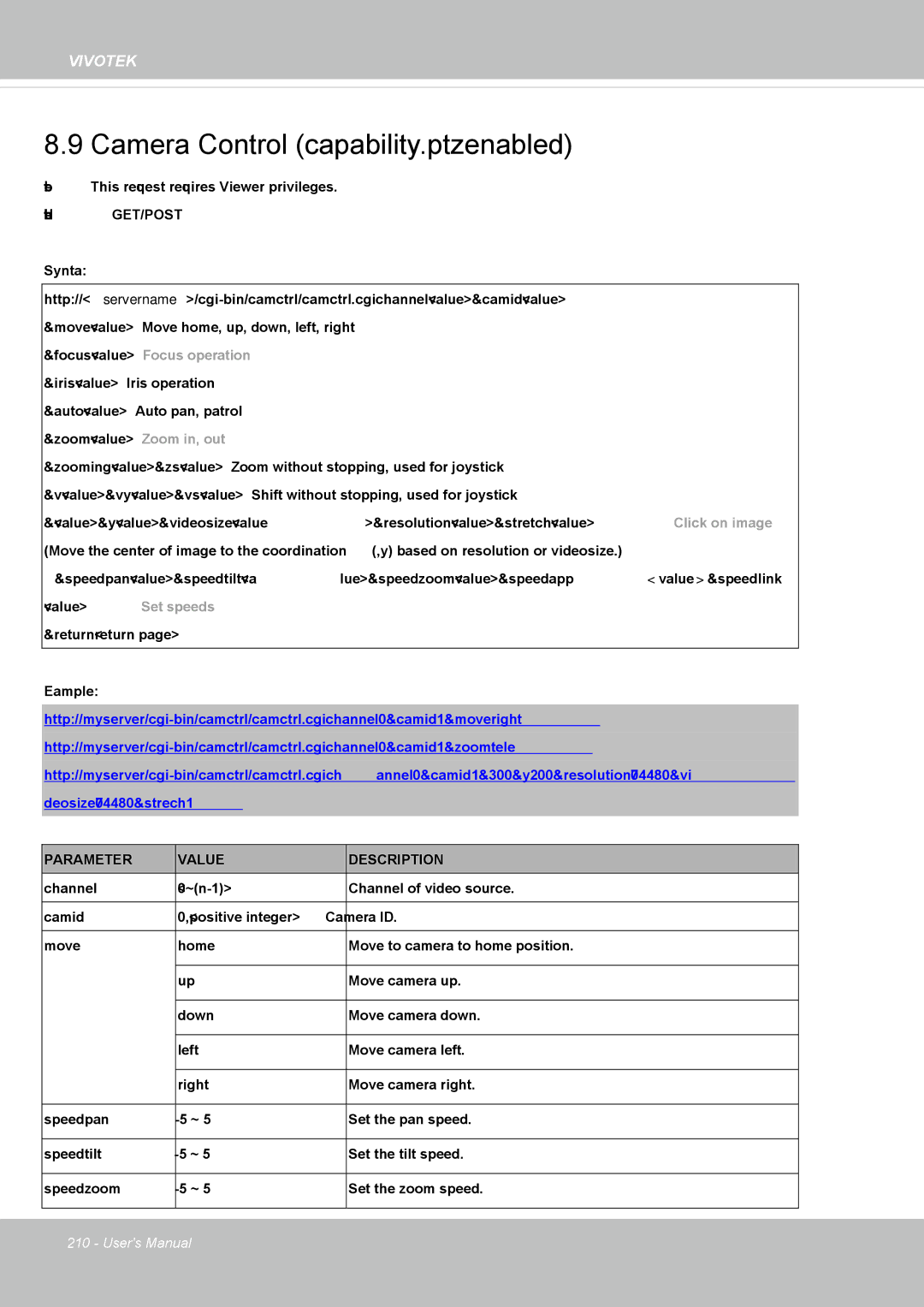 Vivotek SD8364E, M user manual Camera Control capability.ptzenabled, Return=return 