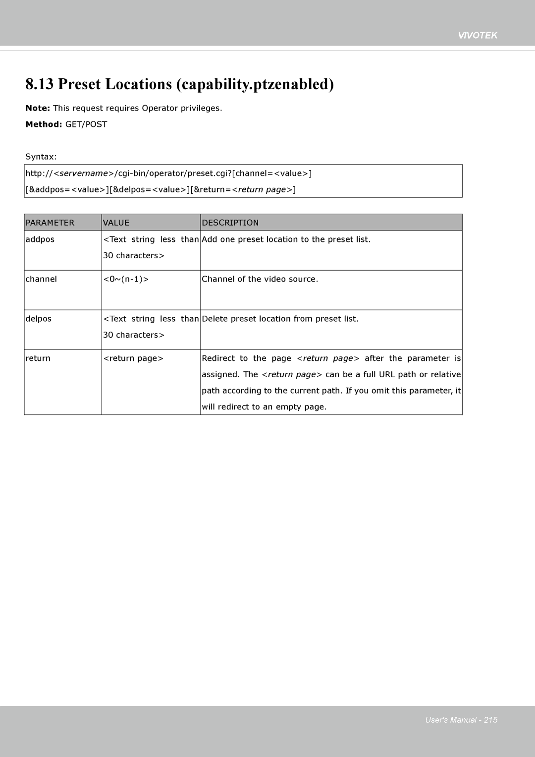 Vivotek M, SD8364E user manual Preset Locations capability.ptzenabled 