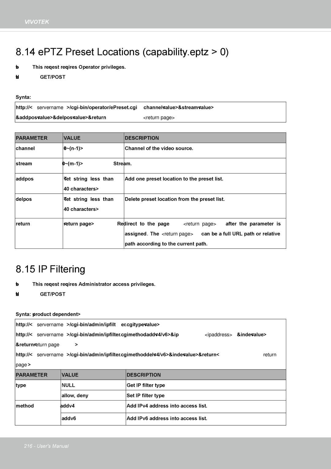 Vivotek SD8364E, M user manual EPTZ Preset Locations capability.eptz, IP Filtering 