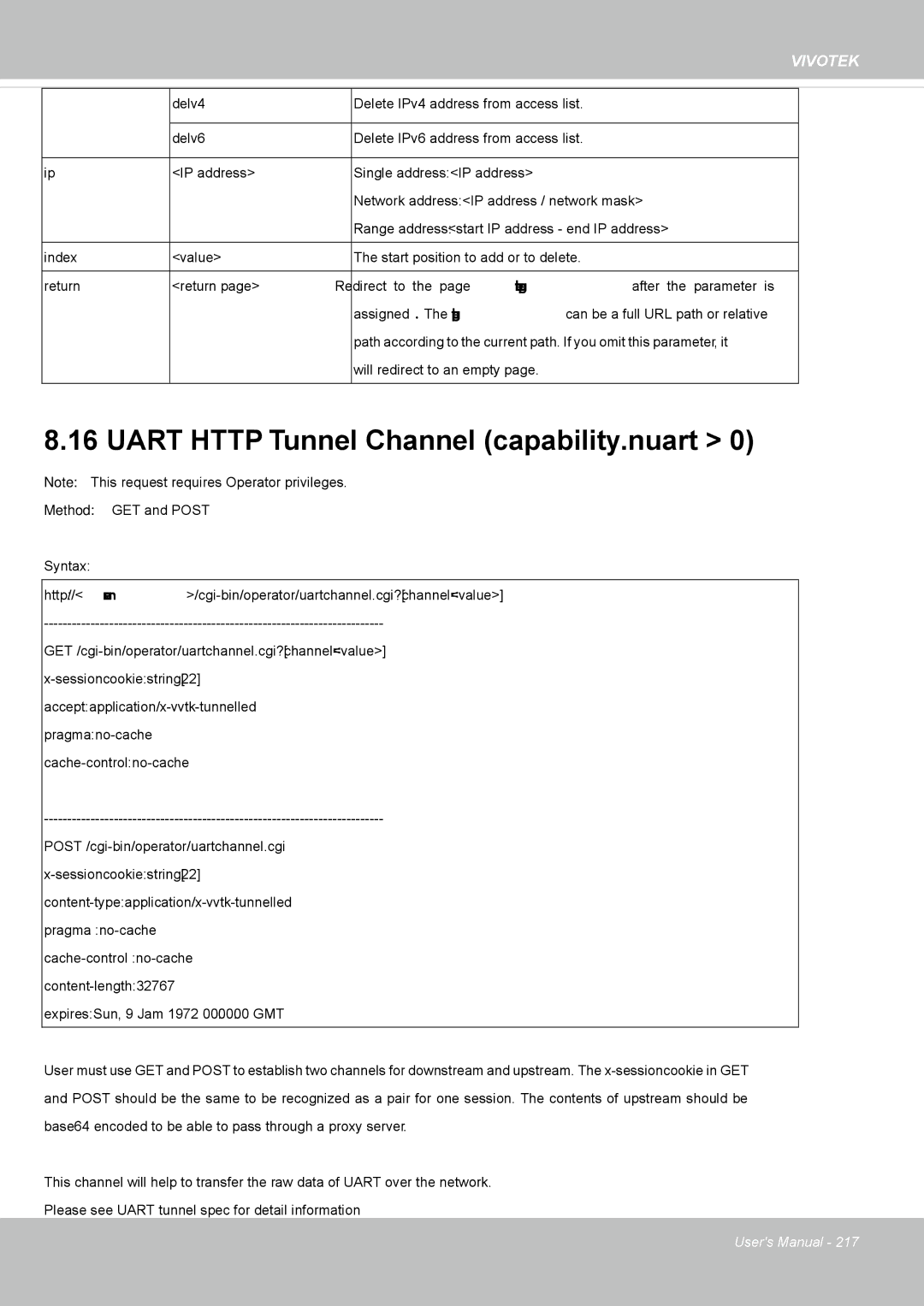 Vivotek M, SD8364E user manual Uart Http Tunnel Channel capability.nuart 