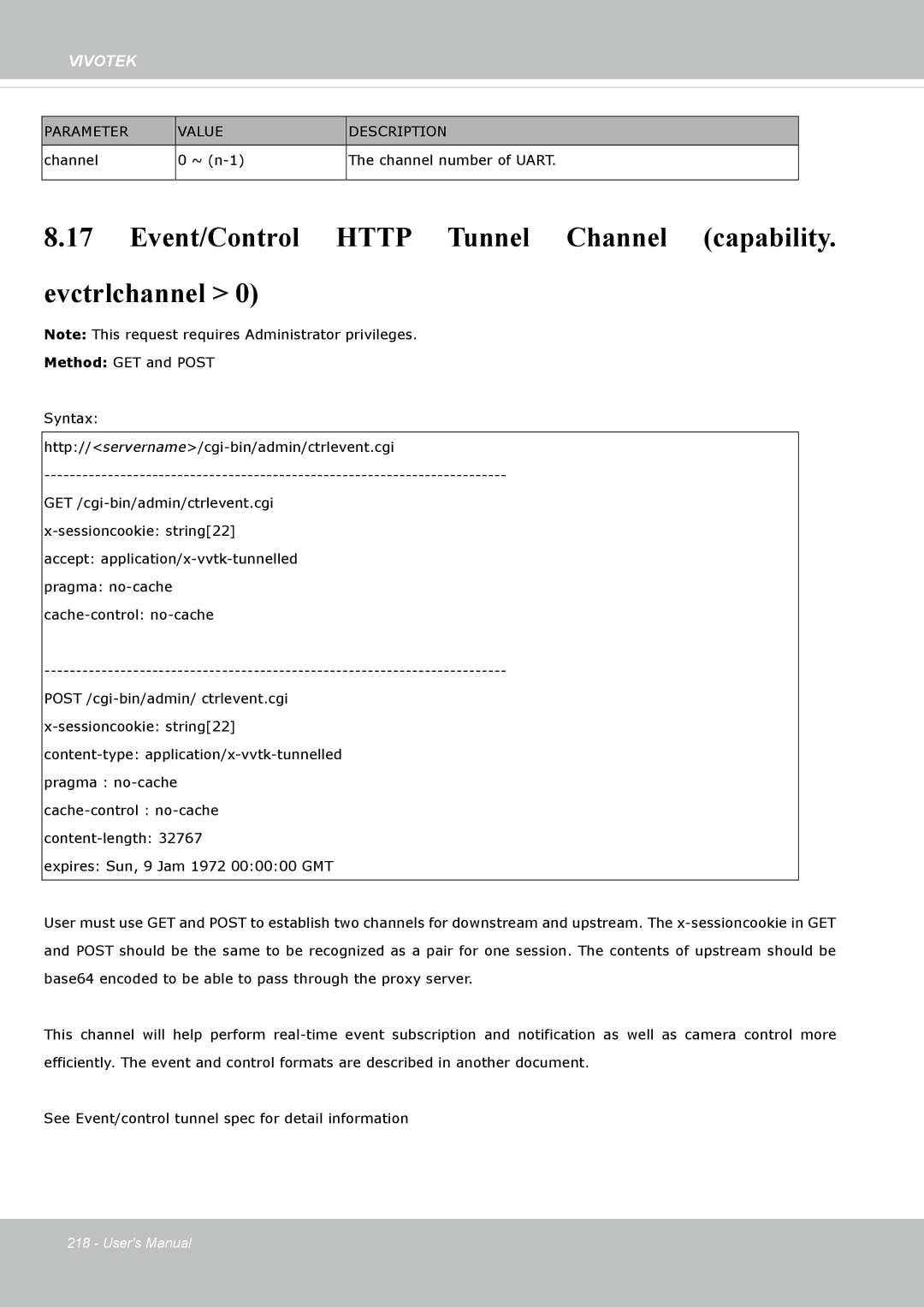 Vivotek SD8364E, M user manual Event/Control Http Tunnel Channel capability Evctrlchannel 