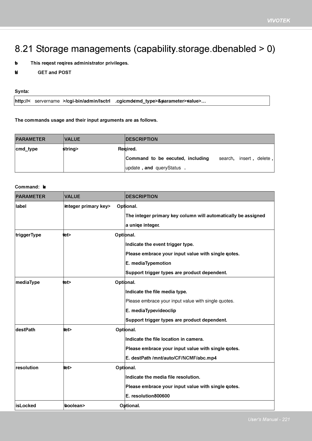 Vivotek M, SD8364E user manual Storage managements capability.storage.dbenabled, Update, and queryStatus 