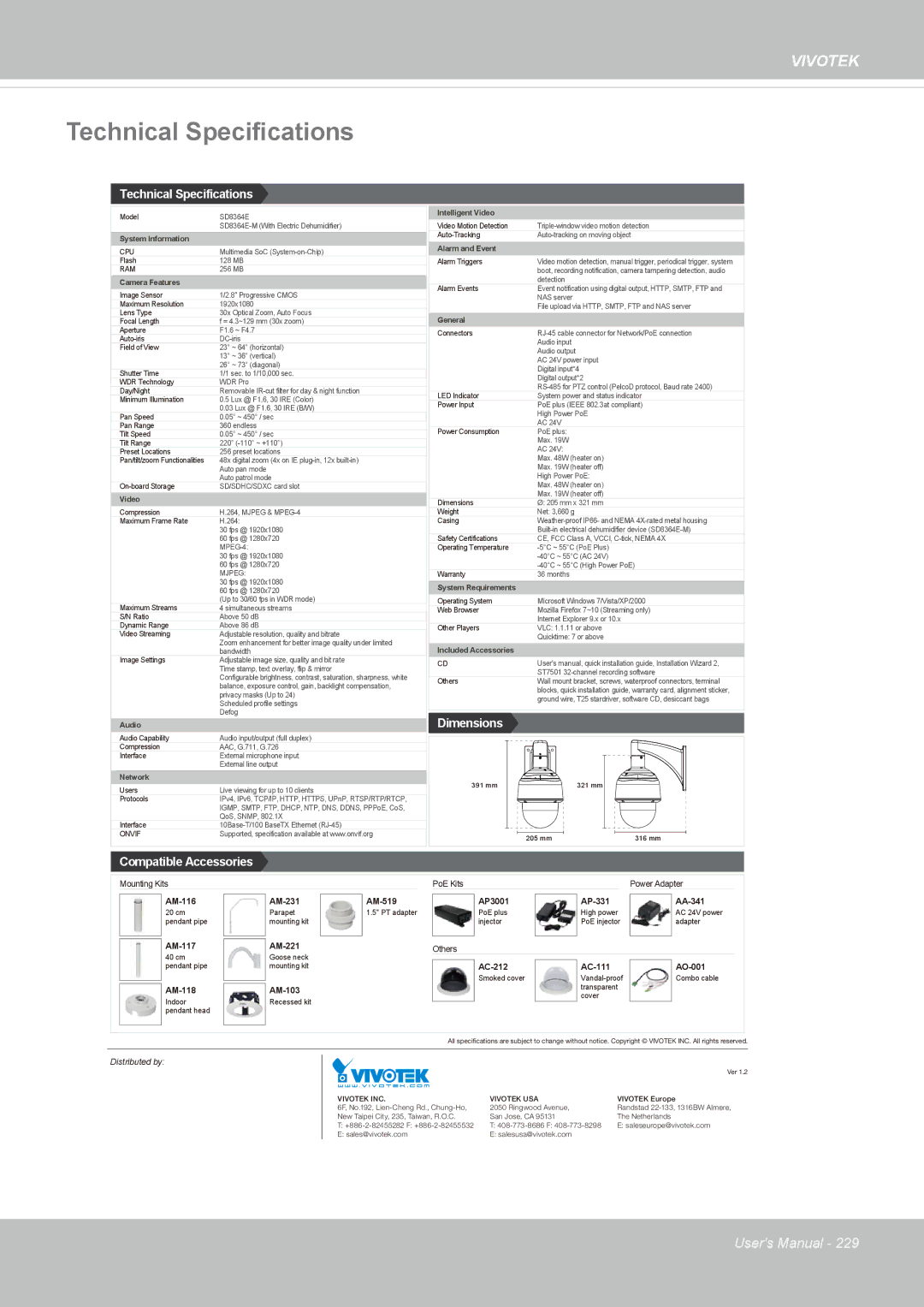 Vivotek M, SD8364E user manual Technical Specifications 