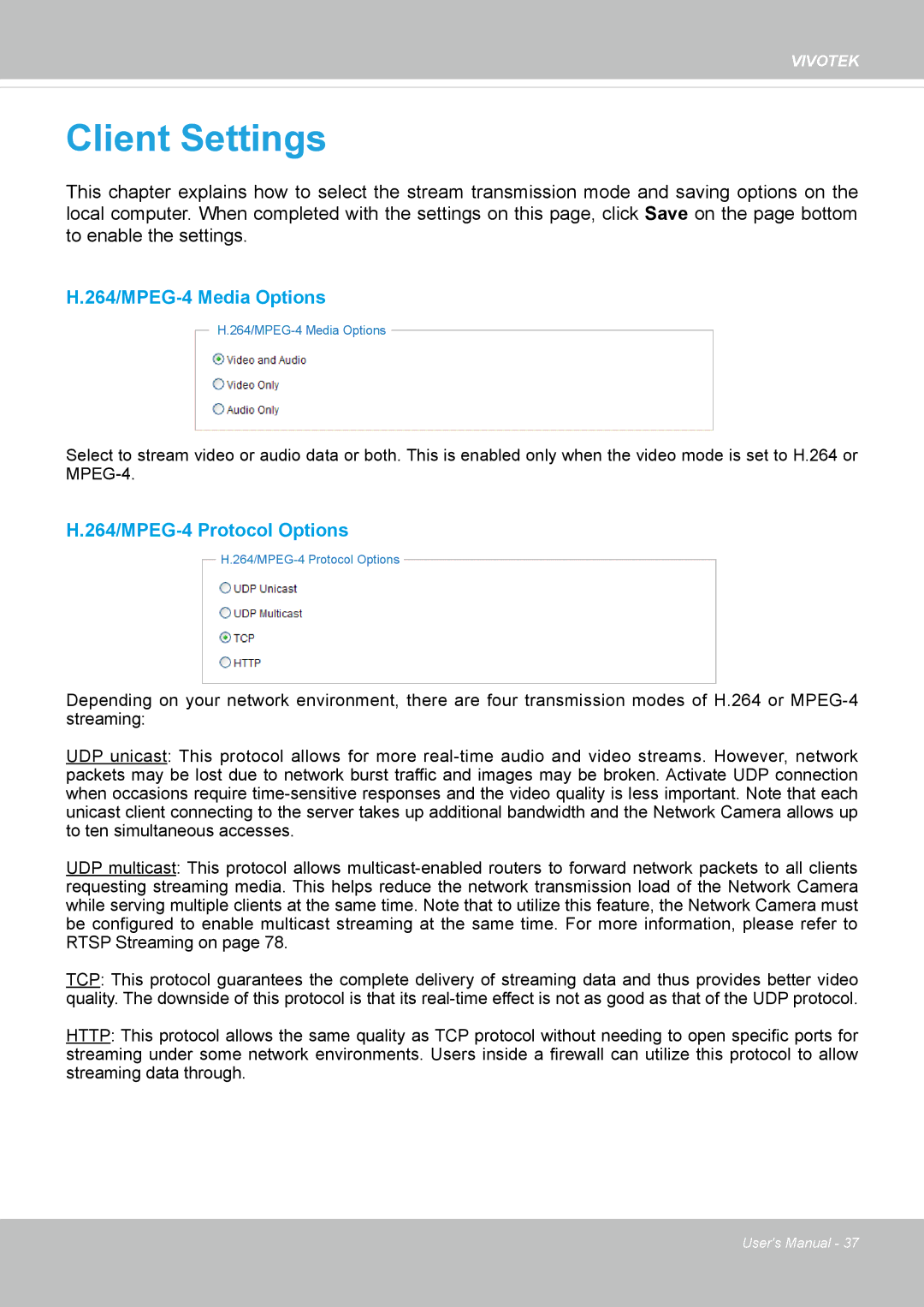 Vivotek M, SD8364E user manual Client Settings 