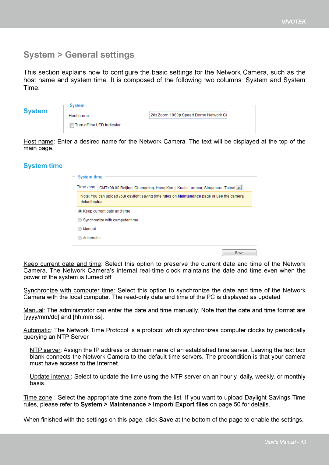 Vivotek M, SD8364E user manual System General settings, System time 