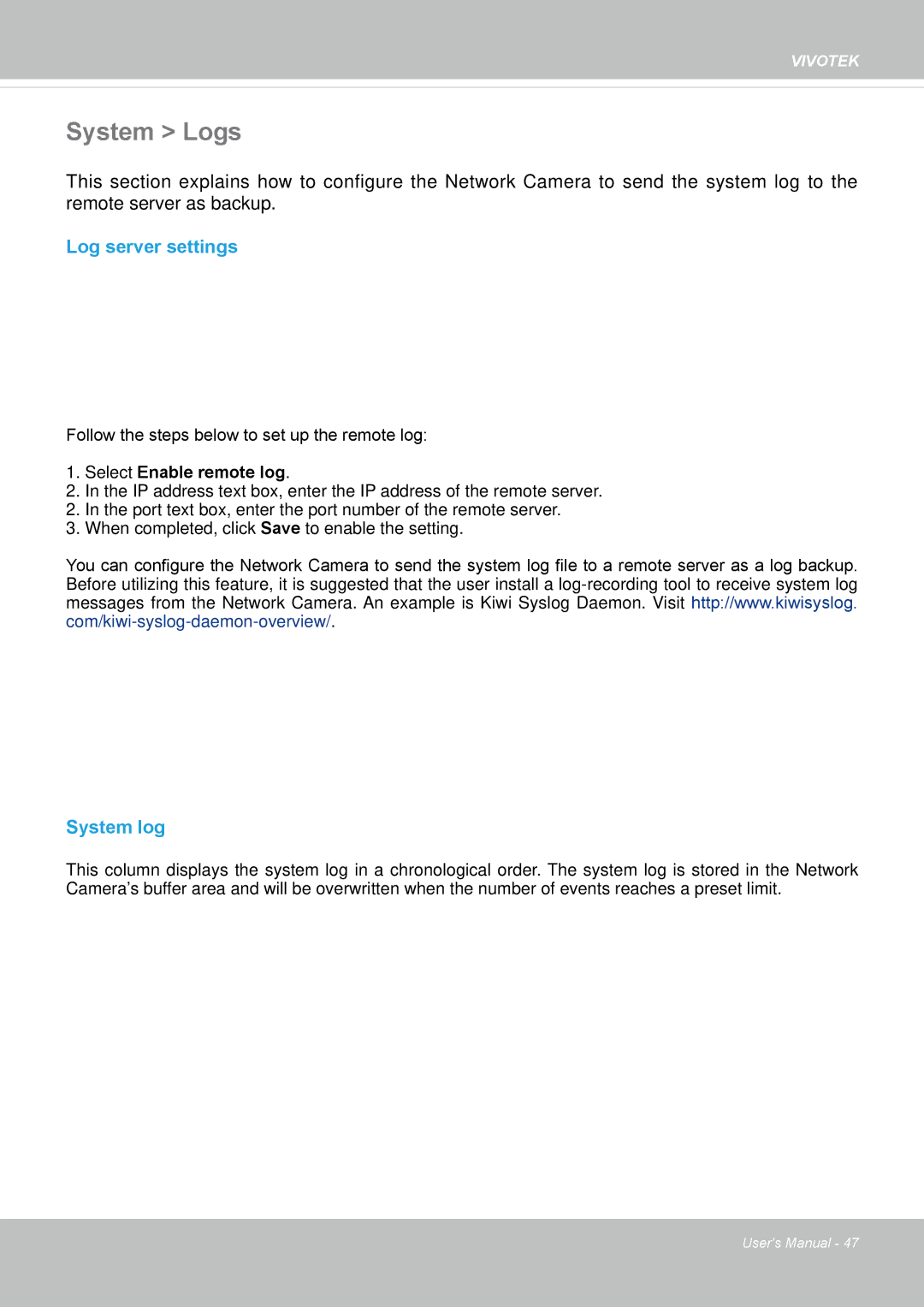 Vivotek M, SD8364E user manual System Logs, Log server settings, System log 