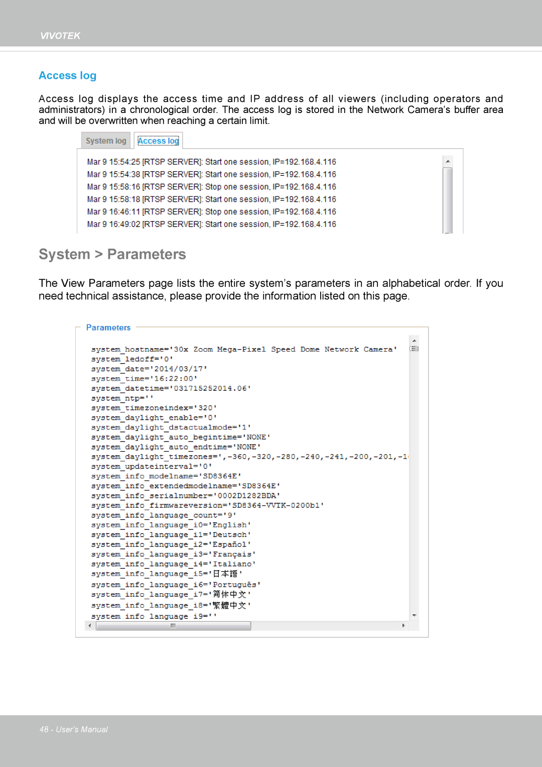 Vivotek SD8364E, M user manual System Parameters, Access log 