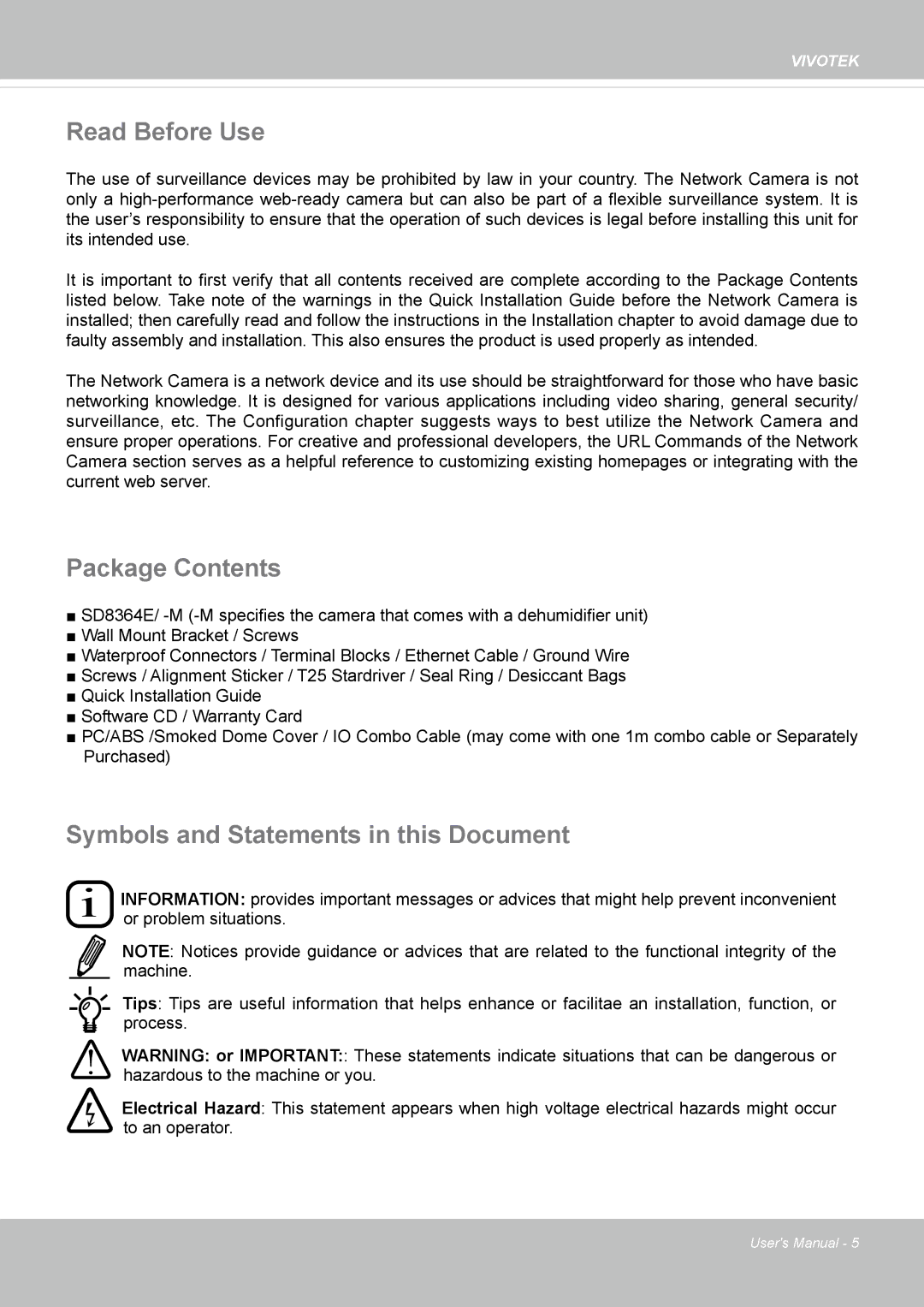 Vivotek M, SD8364E user manual Read Before Use, Package Contents, Symbols and Statements in this Document 