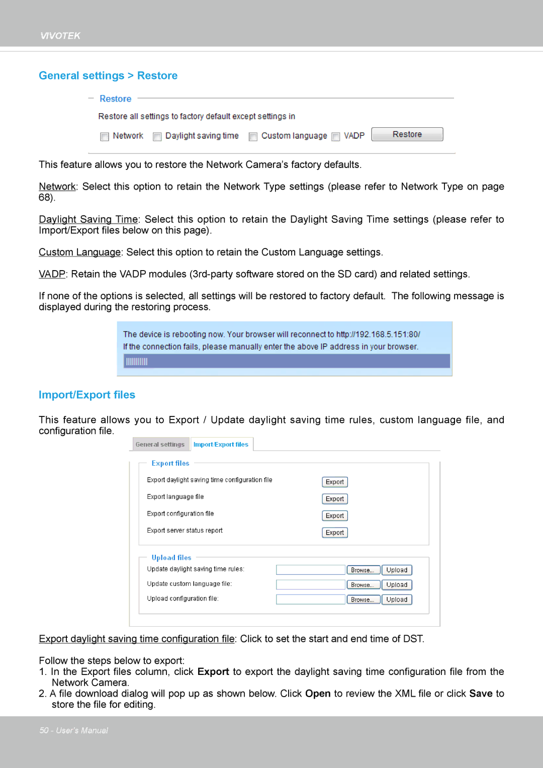 Vivotek SD8364E, M user manual General settings Restore, Import/Export files 