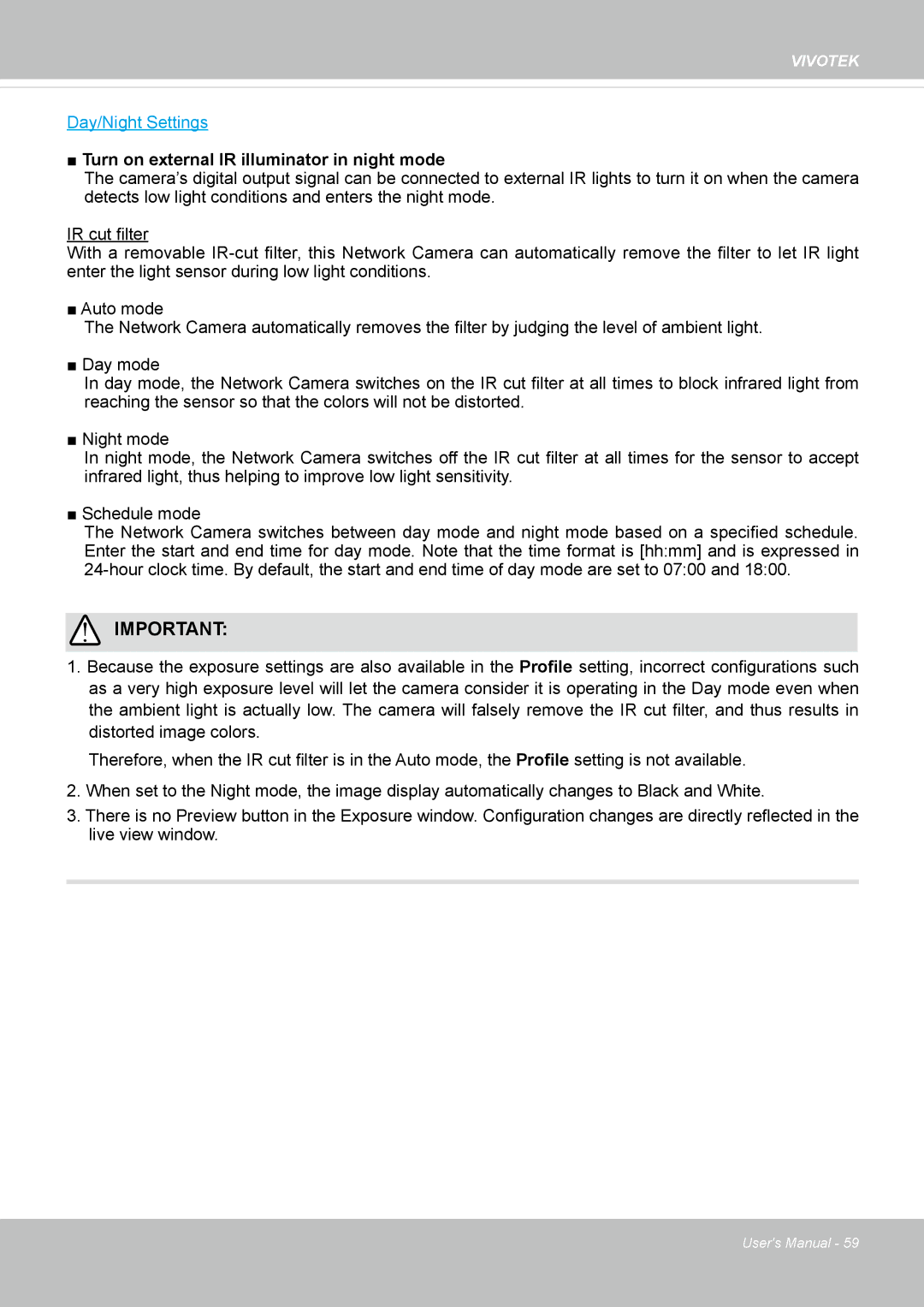 Vivotek M, SD8364E user manual Turn on external IR illuminator in night mode 