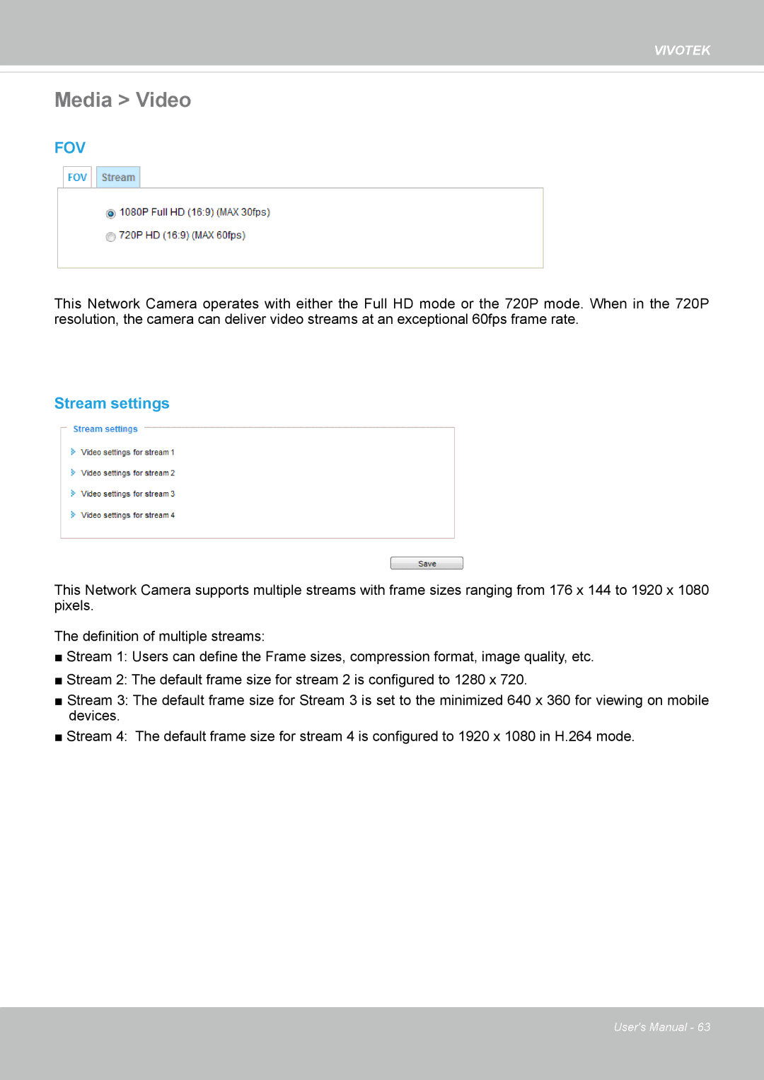 Vivotek SD8364E user manual Media Video, Stream settings 