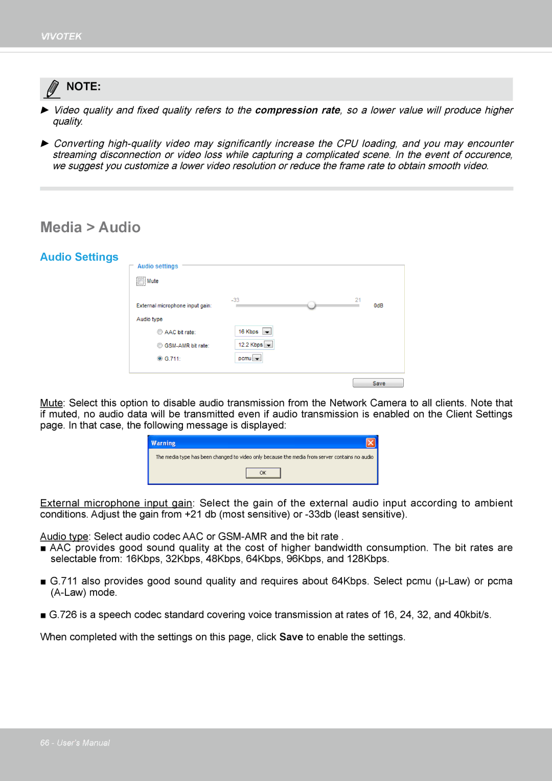 Vivotek SD8364E user manual Media Audio, Audio Settings 