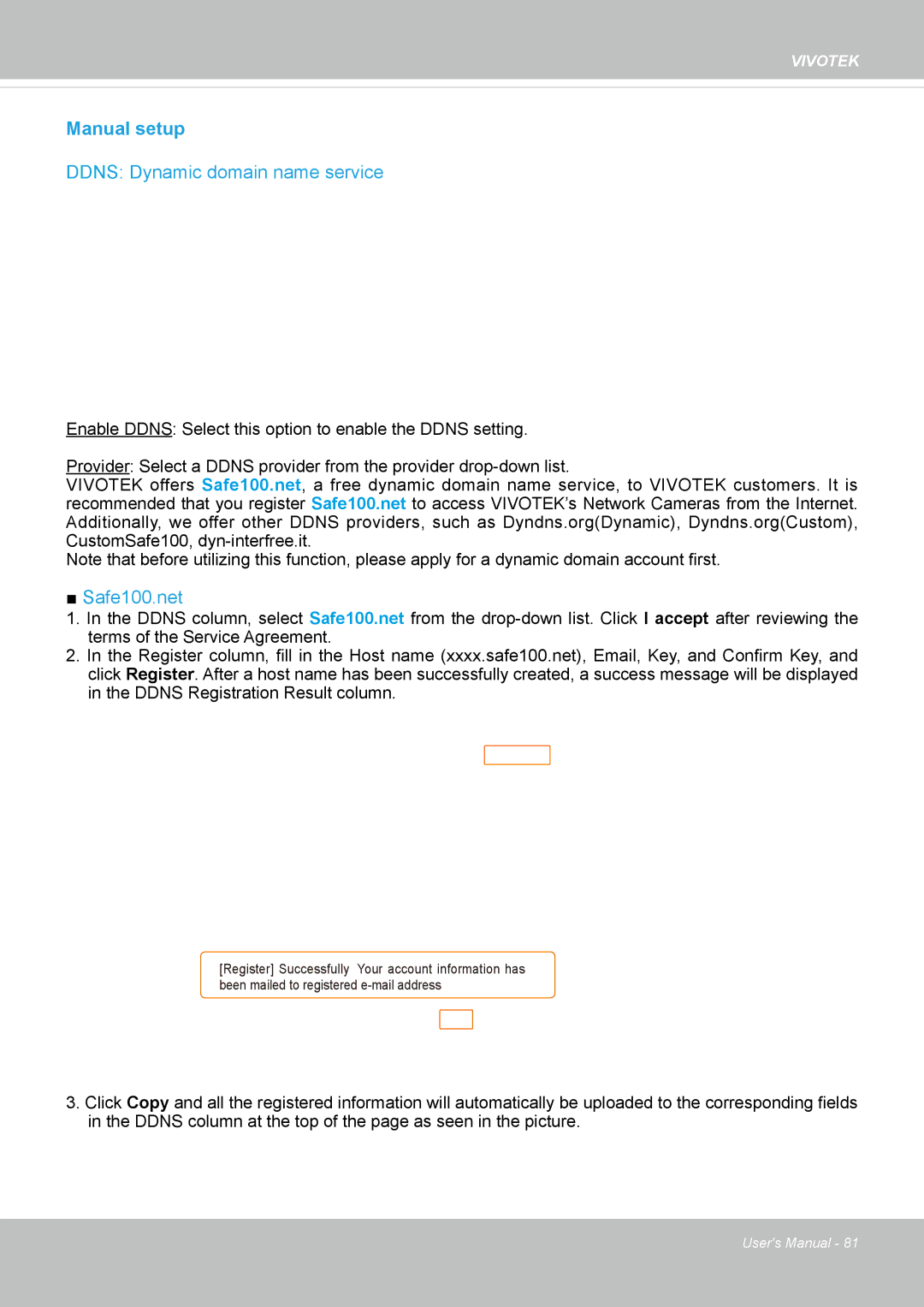 Vivotek SD8364E user manual Manual setup, Ddns Dynamic domain name service 