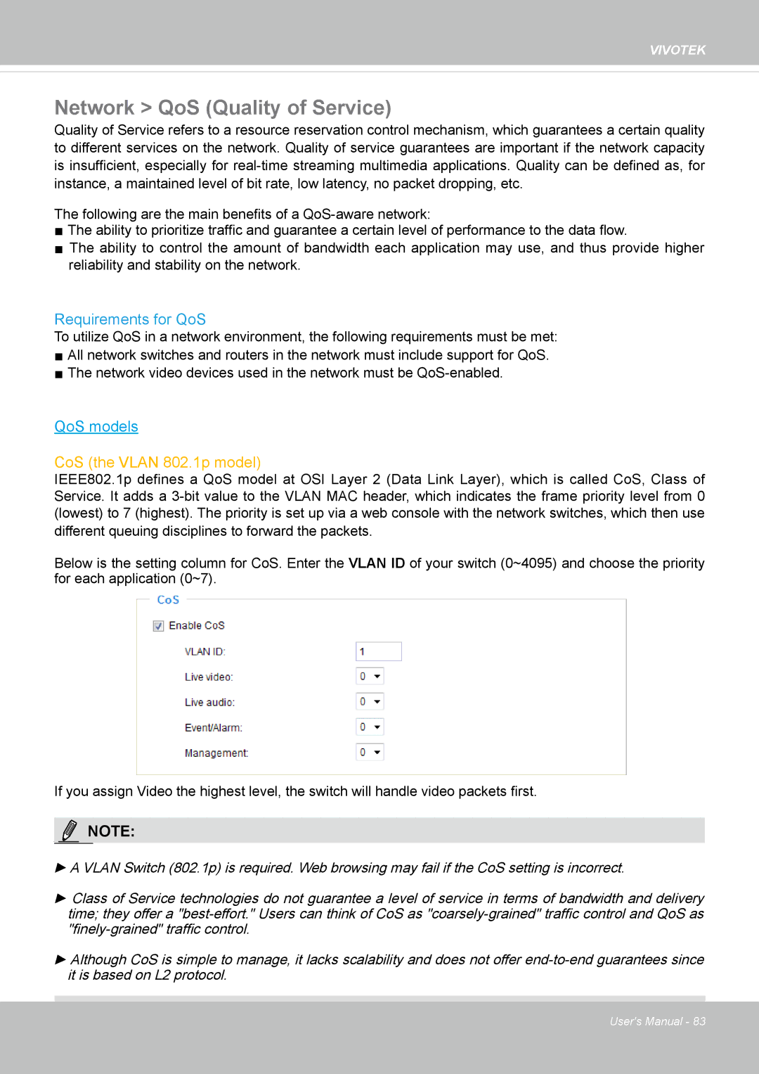 Vivotek M, SD8364E user manual Network QoS Quality of Service, Requirements for QoS 