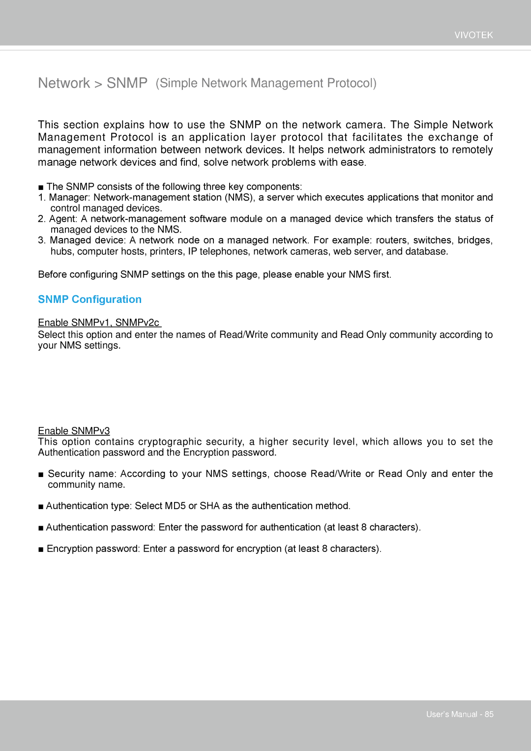 Vivotek SD8364E user manual Network Snmp Simple Network Management Protocol, Snmp Configuration 