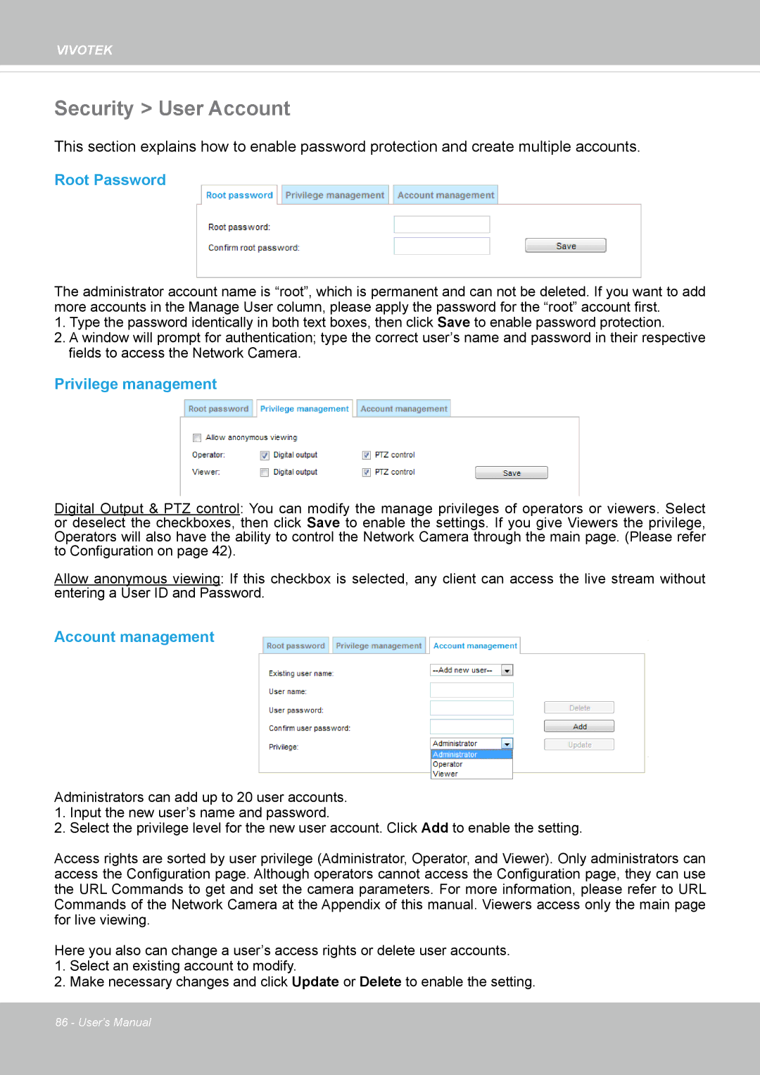 Vivotek SD8364E, M user manual Security User Account, Root Password, Privilege management, Account management 