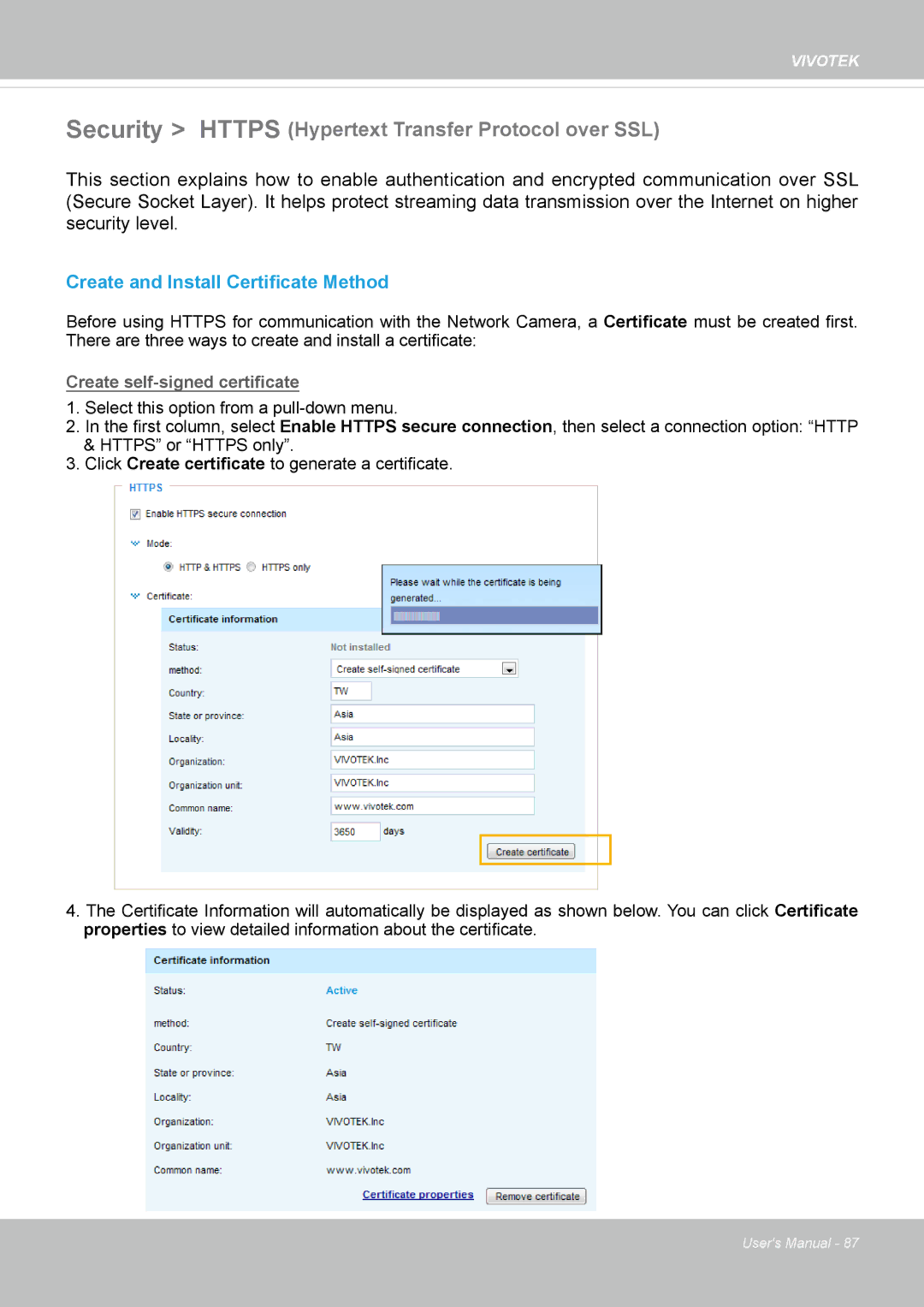 Vivotek SD8364E user manual Security Https Hypertext Transfer Protocol over SSL, Create and Install Certificate Method 