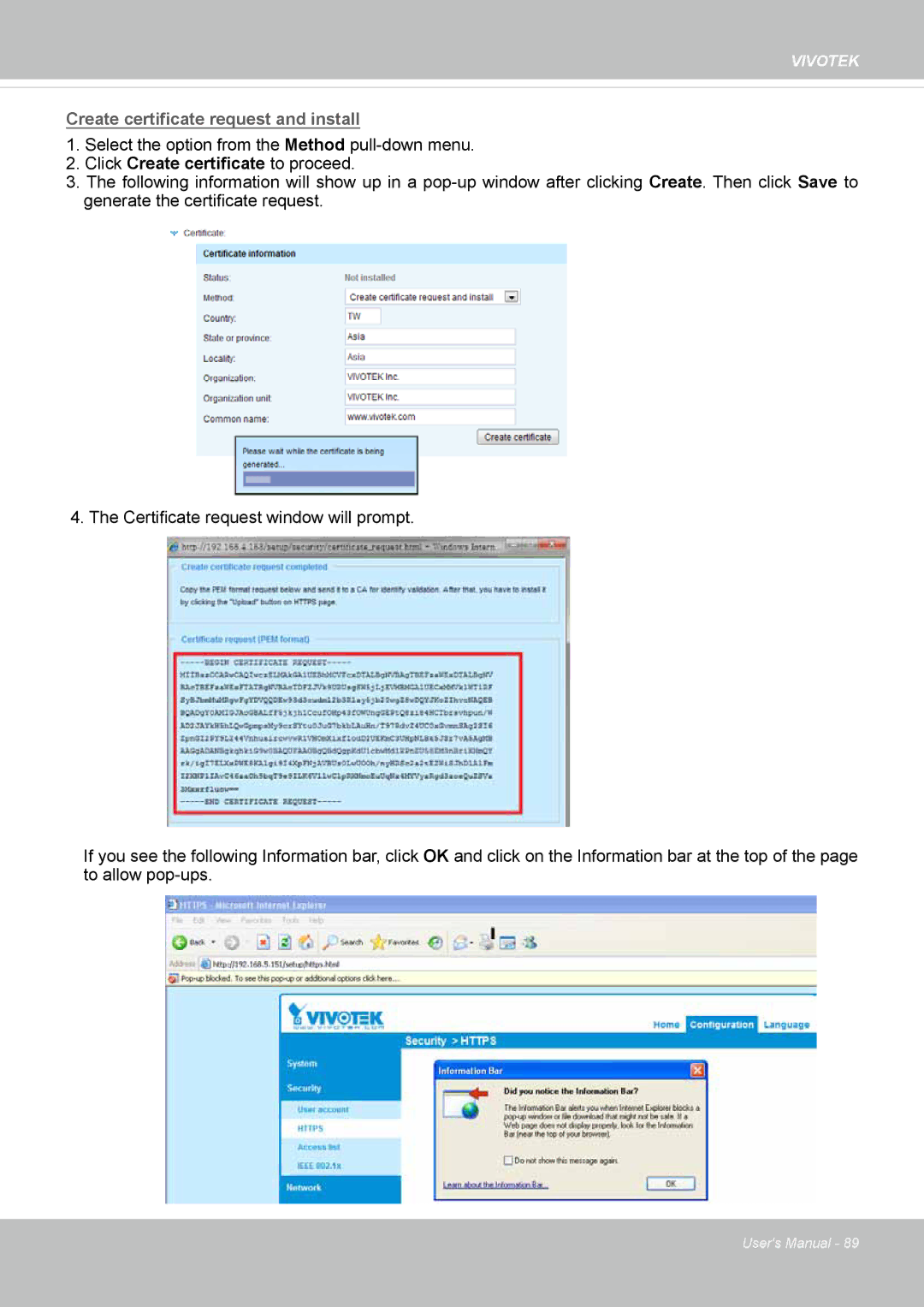 Vivotek M, SD8364E user manual Create certificate request and install 