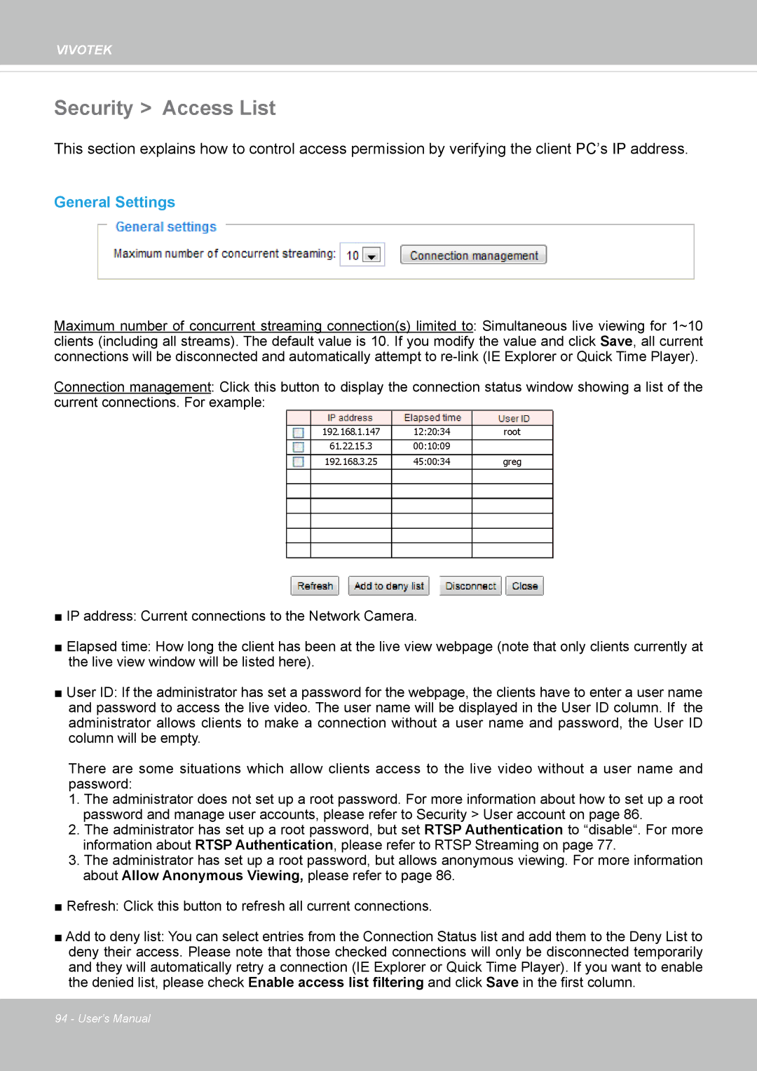 Vivotek SD8364E, M user manual Security Access List, General Settings 