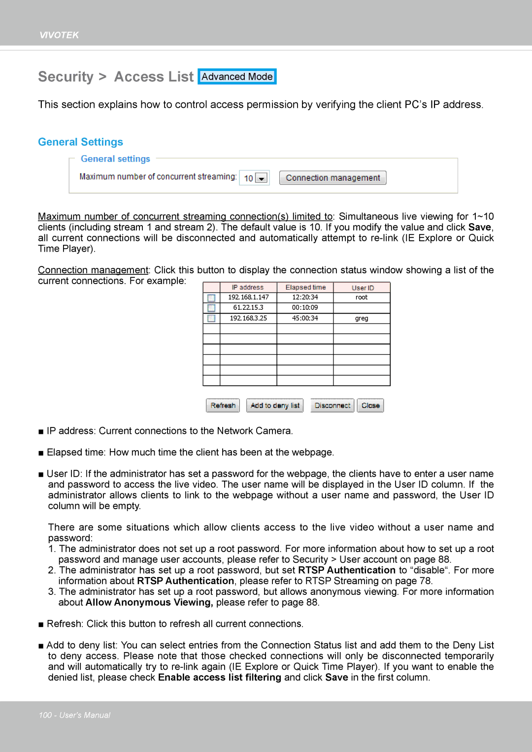 Vivotek SF8172 user manual Security Access List, General Settings 