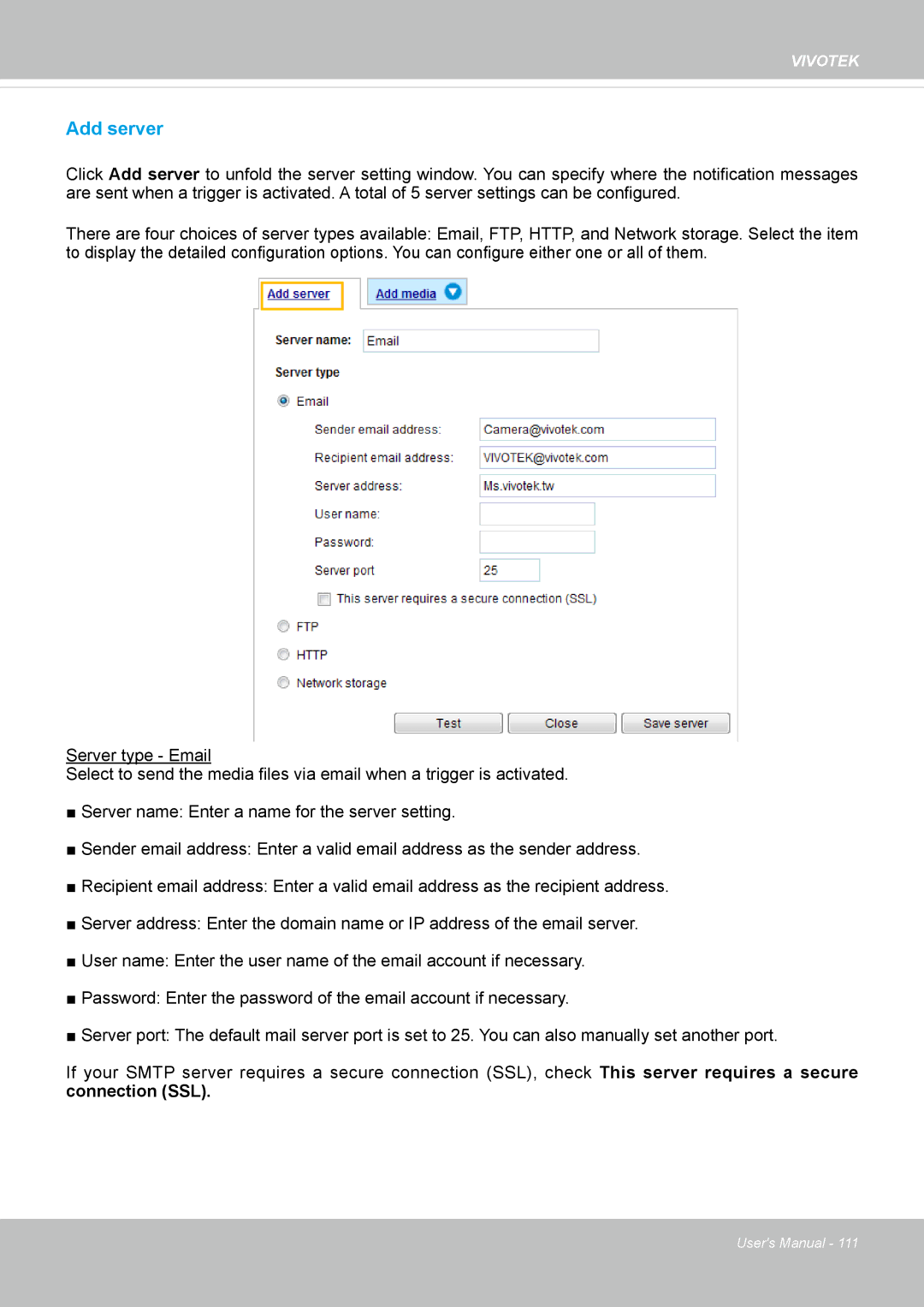 Vivotek SF8172 user manual Add server 