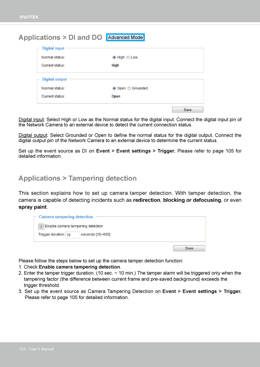 Vivotek SF8172 user manual Applications DI and do, Applications Tampering detection 