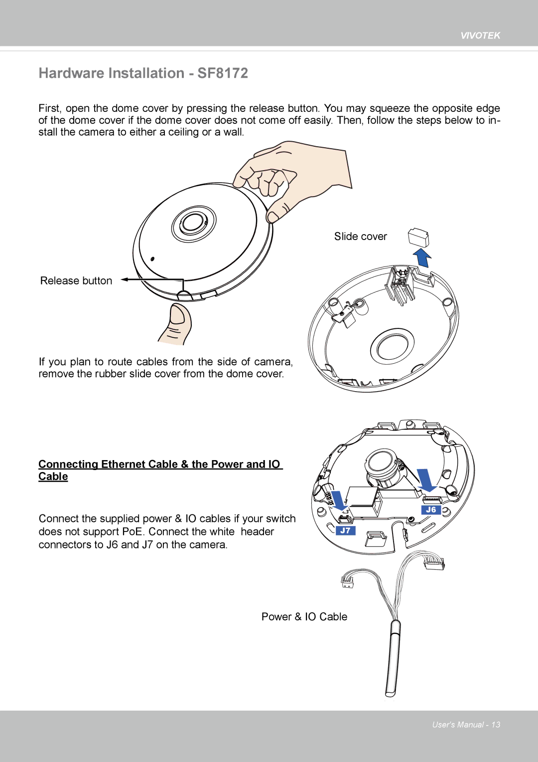 Vivotek user manual Hardware Installation SF8172, Connecting Ethernet Cable & the Power and IO 