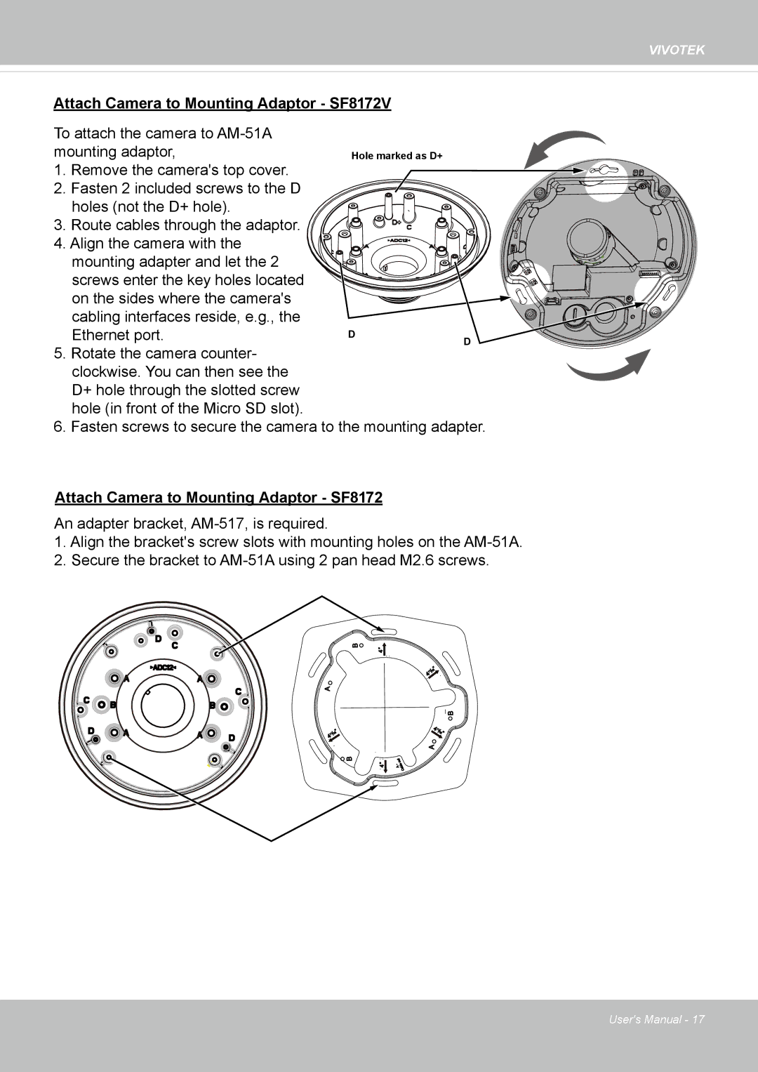 Vivotek user manual Attach Camera to Mounting Adaptor SF8172V 