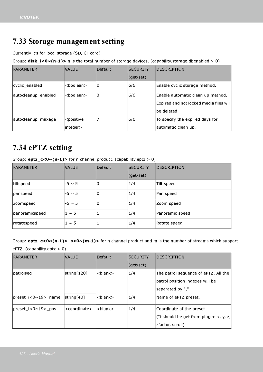 Vivotek SF8172 user manual Storage management setting, EPTZ setting 