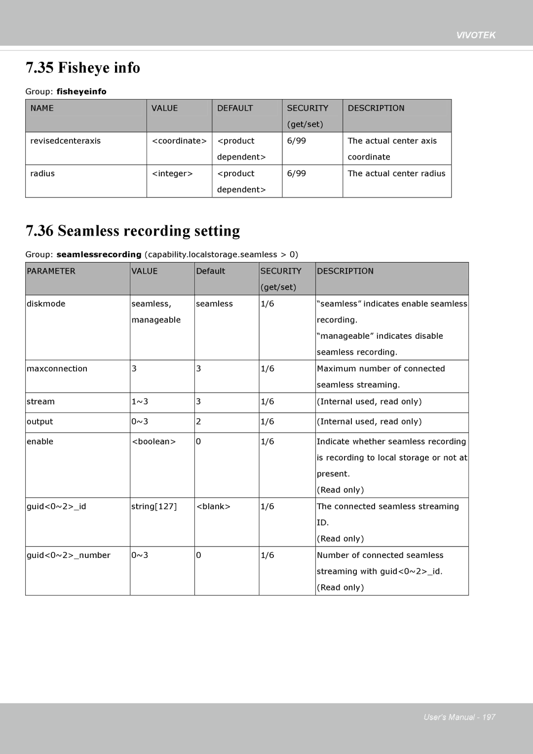 Vivotek SF8172 user manual Fisheye info, Seamless recording setting 