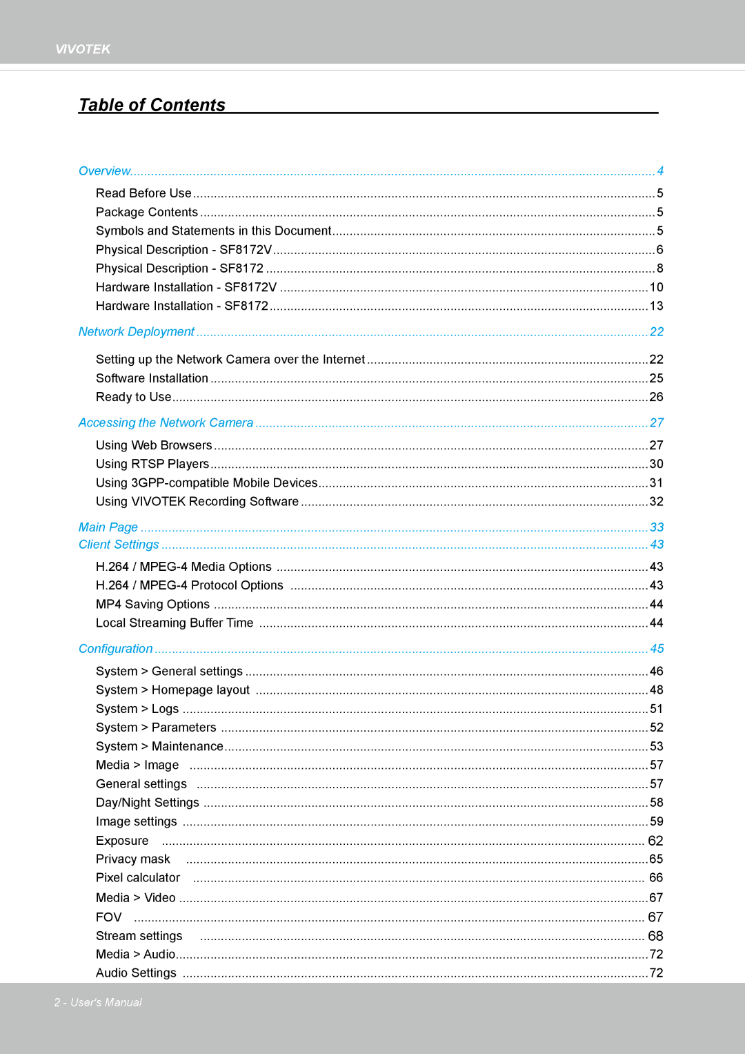 Vivotek SF8172 user manual Table of Contents 