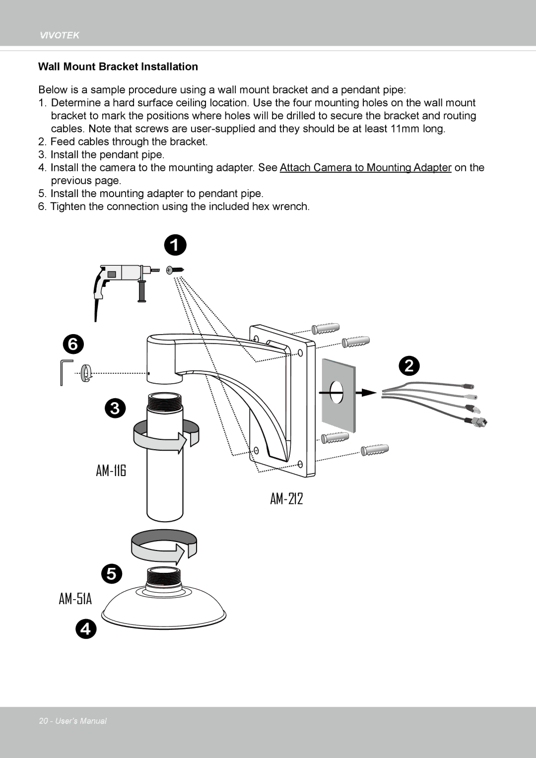 Vivotek SF8172 user manual AM-116 AM-212 AM-51A, Wall Mount Bracket Installation 