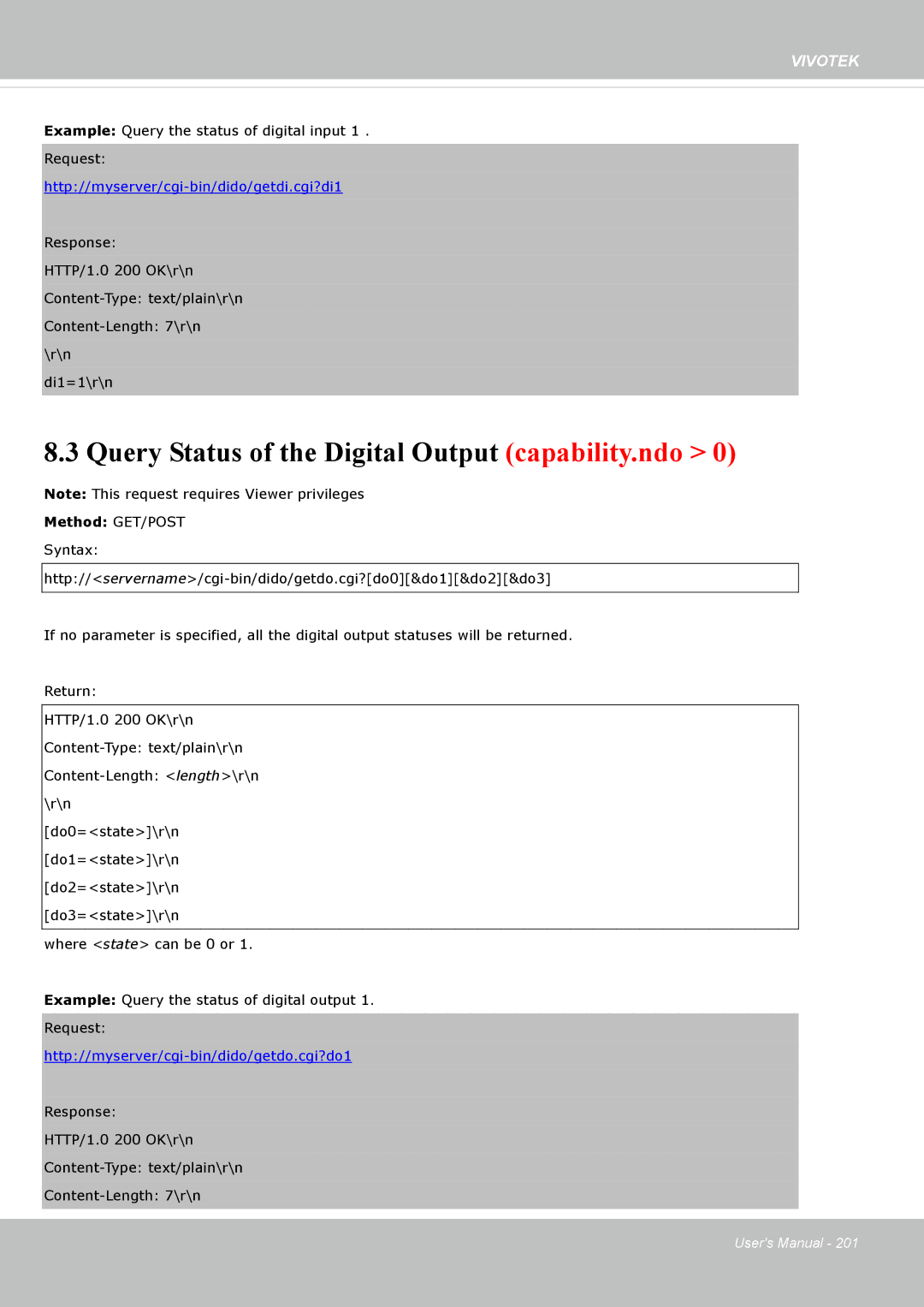 Vivotek SF8172 user manual Query Status of the Digital Output capability.ndo, Http//myserver/cgi-bin/dido/getdi.cgi?di1 